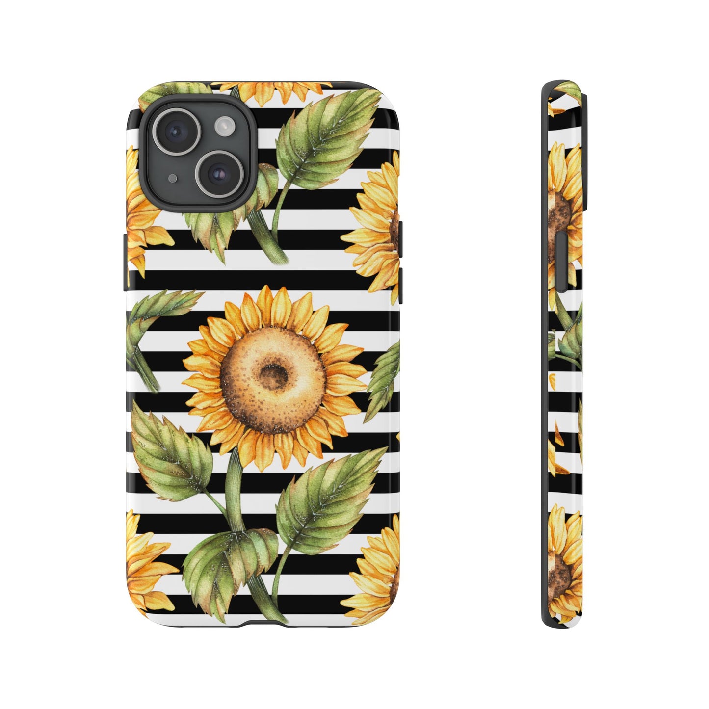 Sunflower Tough Phone Case - Bold Yellow Floral Art, Black and White Striped Aesthetic, Compatible with iPhone, Galaxy, and Google Phones