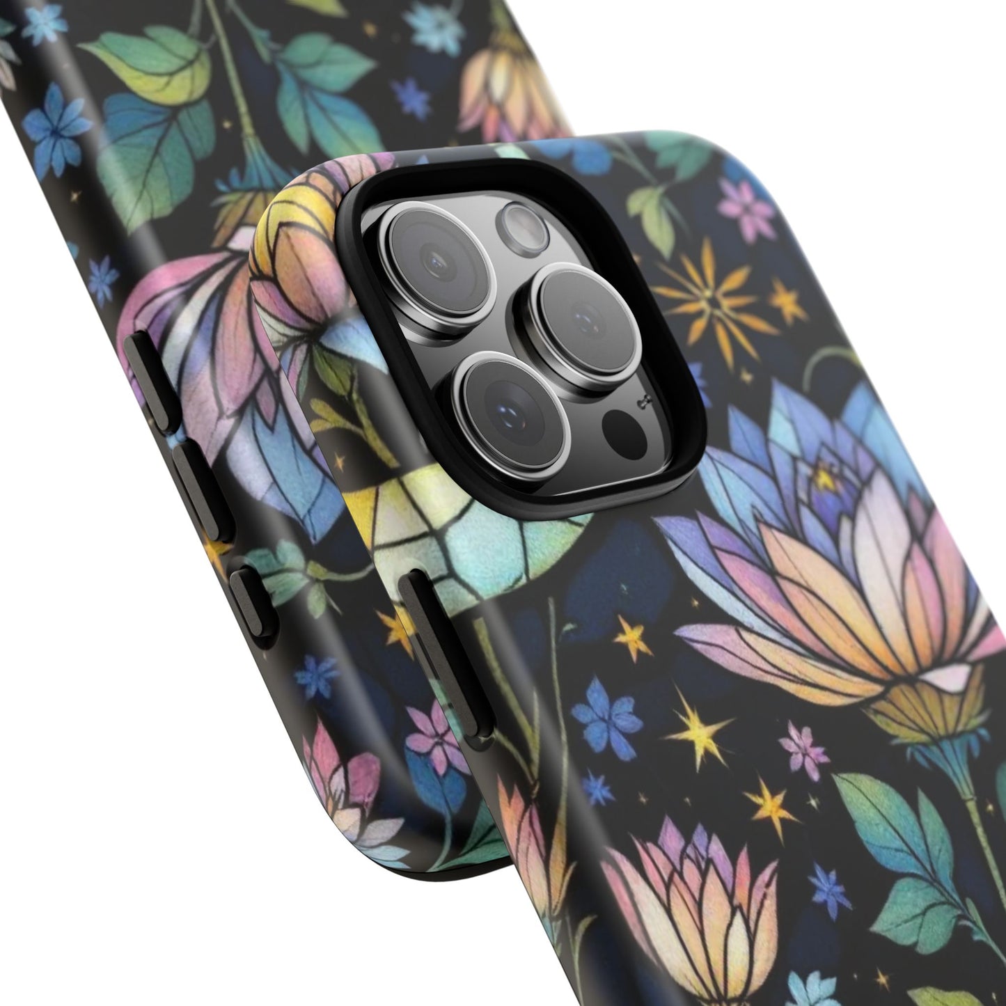 Mystic Stained Glass Lotus Dark Floral Phone Case, Artistic and Protective Magical Design Tough Cover compatible with iPhone ,Samsung Models