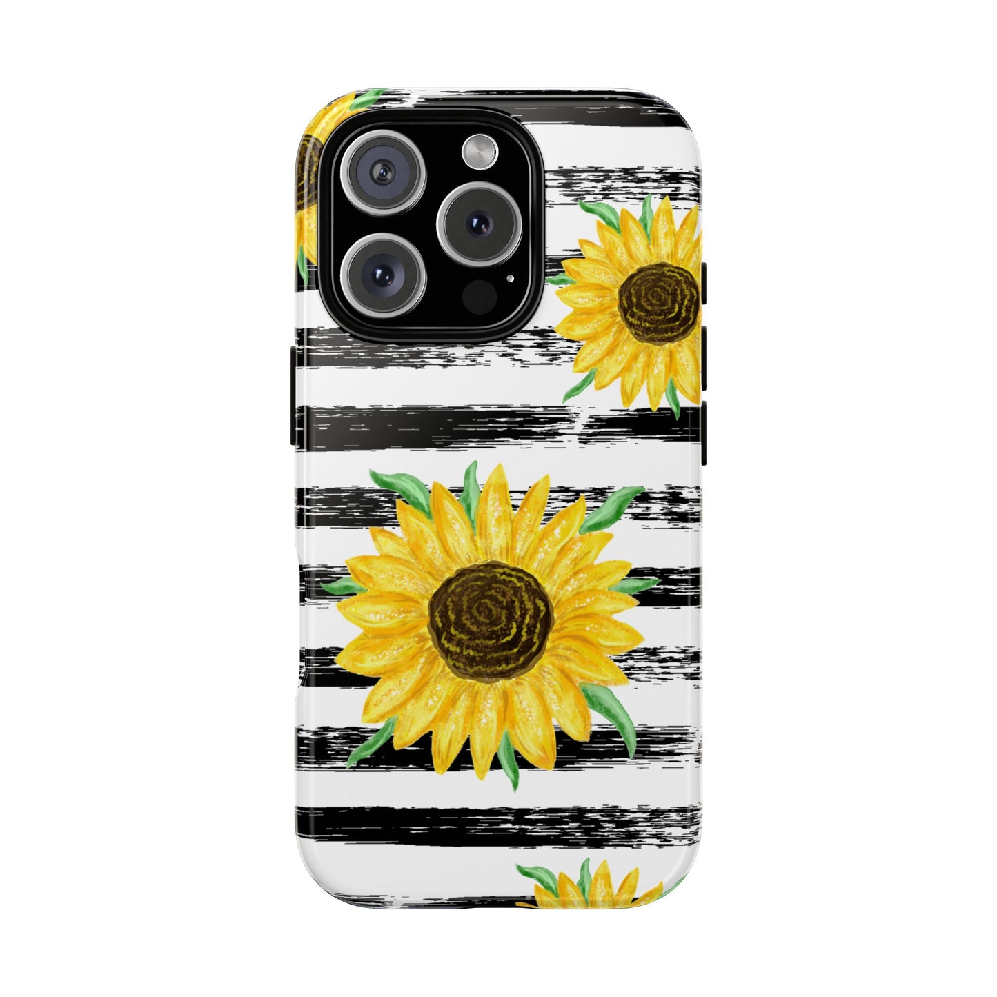 Sunflower Tough Phone Case - Bright Yellow Floral Art, Black and White Striped Aesthetic, Compatible with iPhone, Galaxy, and Google Phones