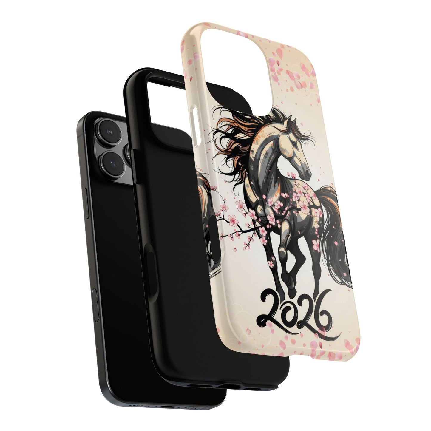 Year of the Horse Floral Art Tough Phone Case, Chinese Zodiac 2026 Design, compatible with iPhone 17 16 15 14 13 Galaxy Google