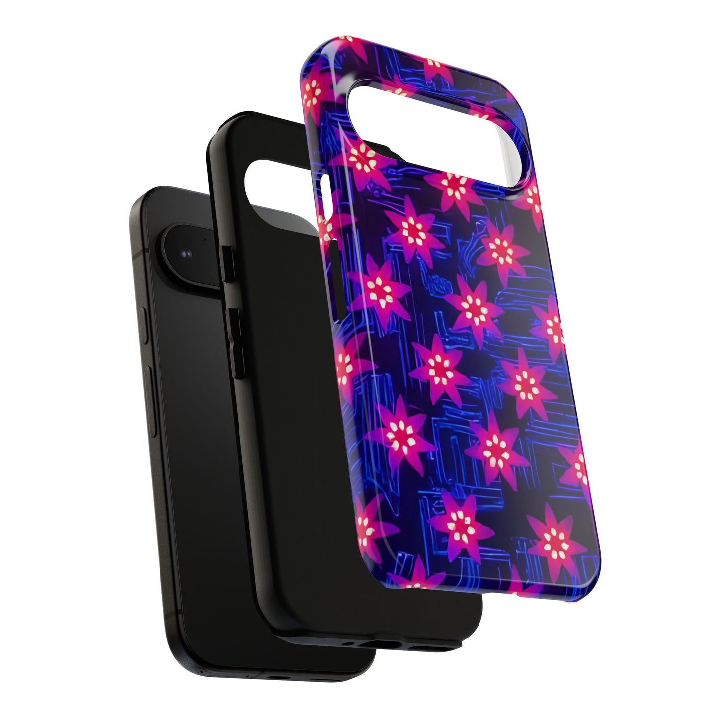 Neon Flower Tough Phone Case - Trippy Dark Floral Art, Electric Glow Aesthetic, Compatible with iPhone, Galaxy, and Google Phones