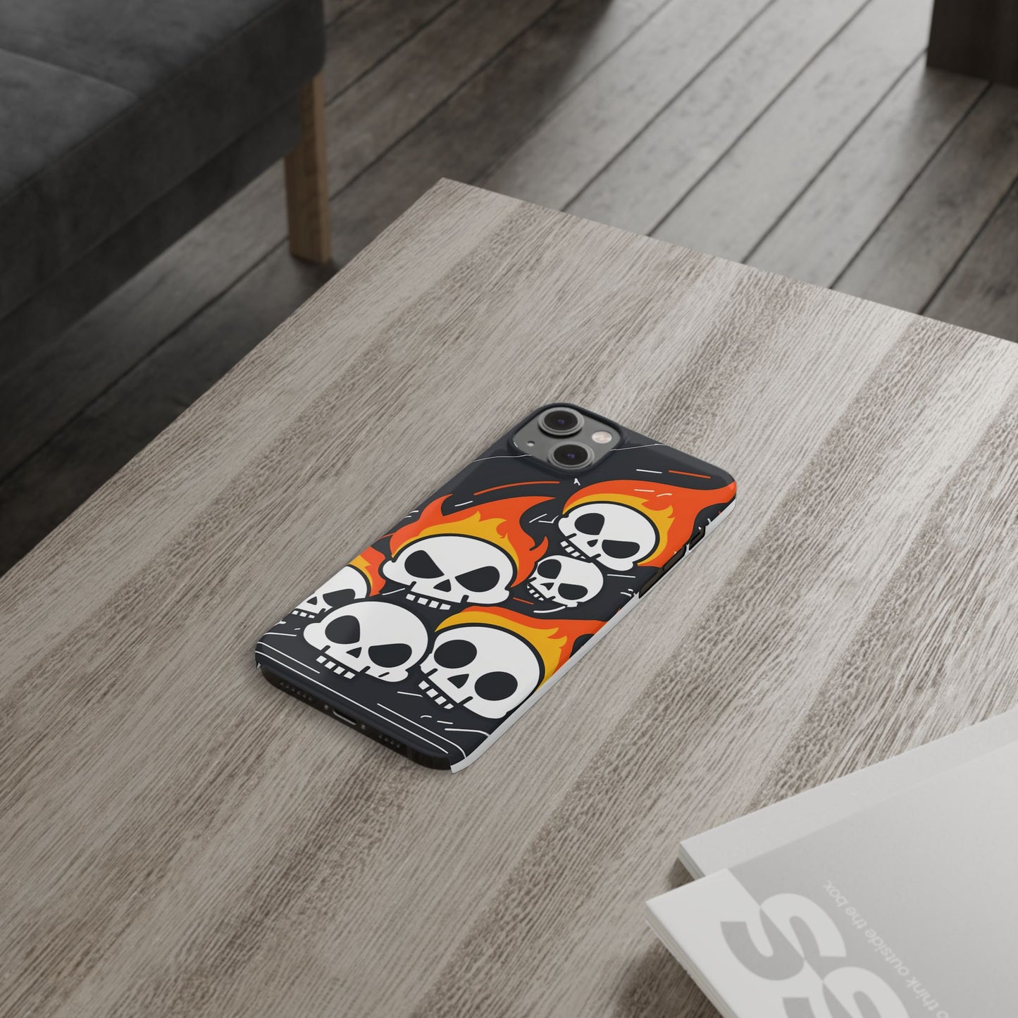 Flaming Skulls Slim Phone Case, Y2K Alt Halloween Aesthetic, Creepy Cute Cartoon Style, Stylish Music Lovers, Perfect Gift for Halloween
