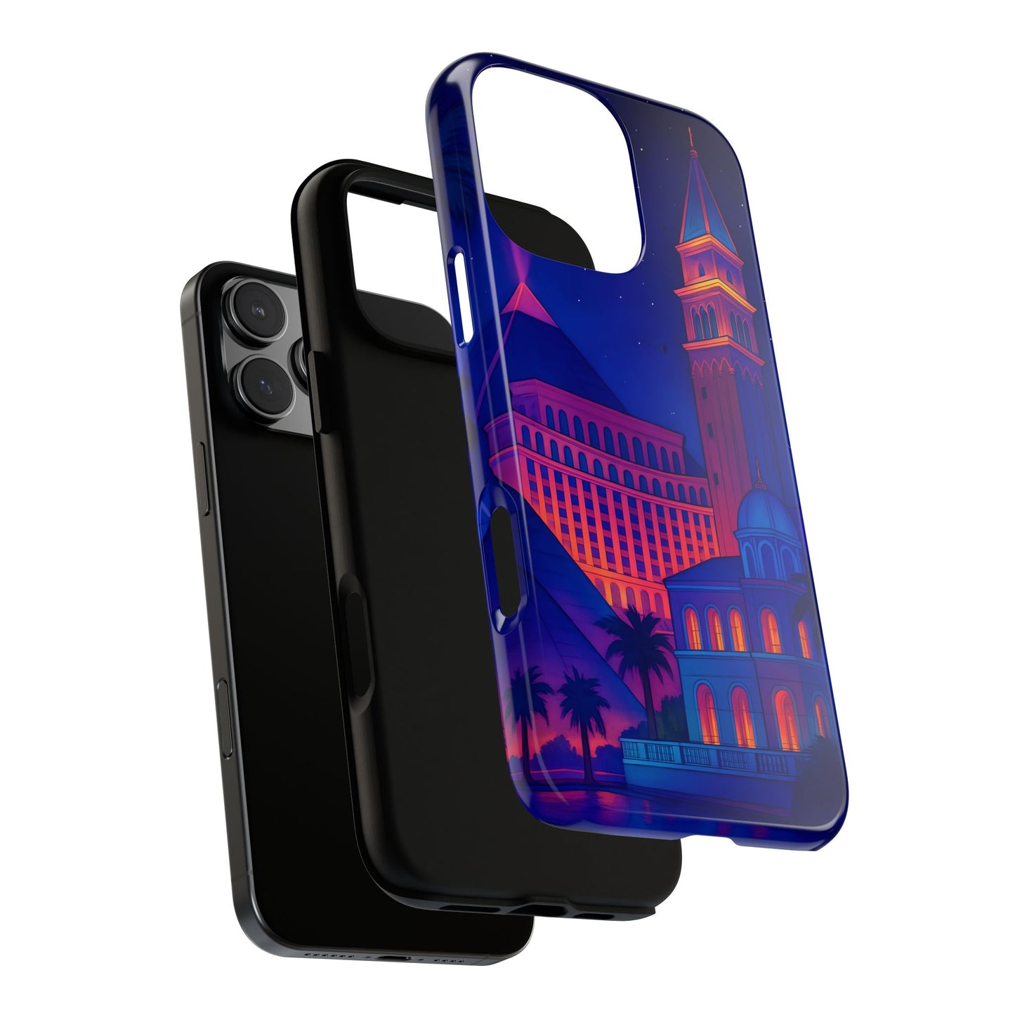 Cityscape Tough Phone Case, Las Vegas Strip Skyline Phone Cover, Neon Night Design, Compatible with iPhone, Galaxy & Google