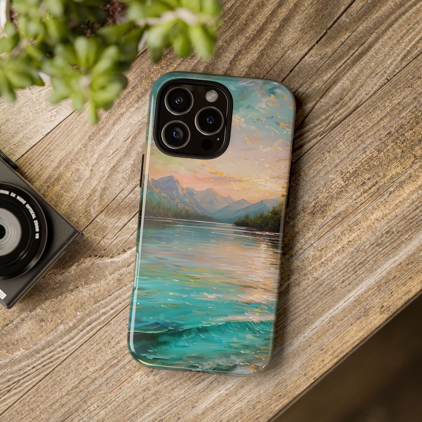 Mountain Lake Scenery Tough Phone Case, Oil Painting Phone Cover, Calm Water Scene Compatible with iPhone 17, 16, 15, 14, 13, Galaxy, Google