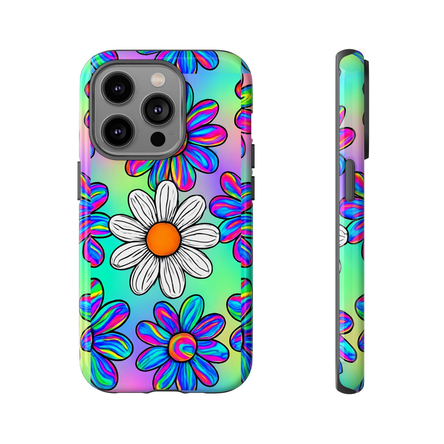 Trippy Daisy Tough Phone Case - Psychedelic Floral Design, Colorful Retro Aesthetic, Compatible with iPhone, Galaxy, and Google Phones