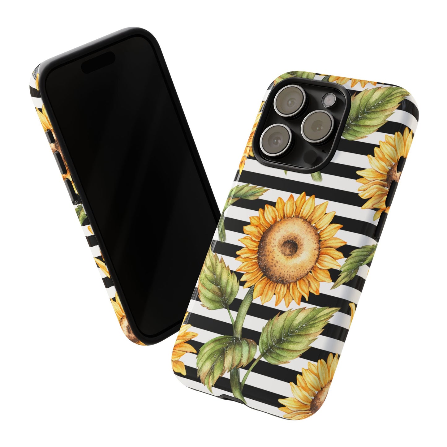 Sunflower Tough Phone Case - Bold Yellow Floral Art, Black and White Striped Aesthetic, Compatible with iPhone, Galaxy, and Google Phones
