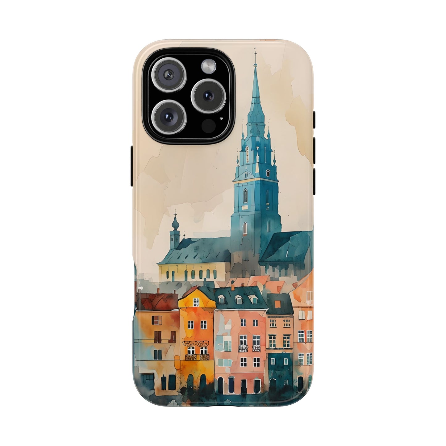 Cityscape Tough Phone Case, Riga Latvia Skyline Art, Watercolor Day Design Compatible with iPhone, Galaxy, and Google