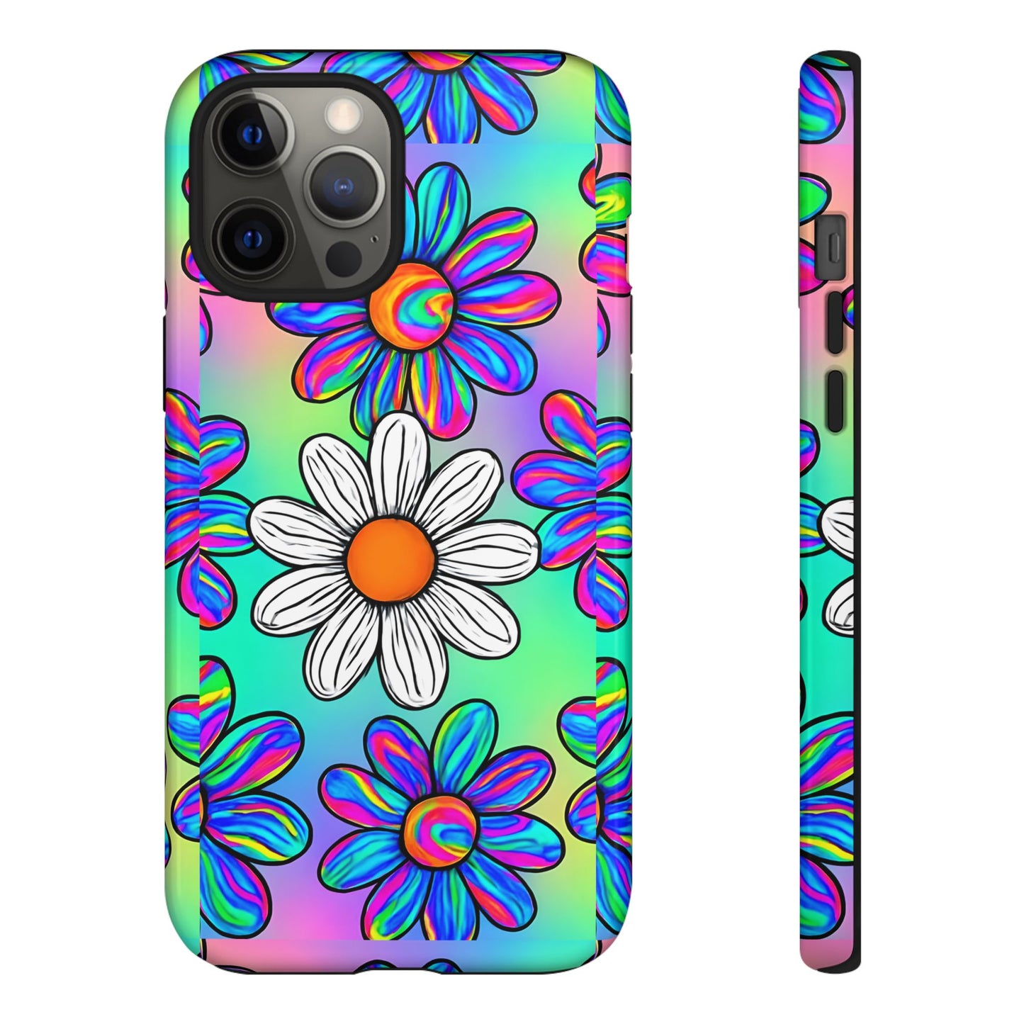 Trippy Daisy Tough Phone Case - Psychedelic Floral Design, Colorful Retro Aesthetic, Compatible with iPhone, Galaxy, and Google Phones
