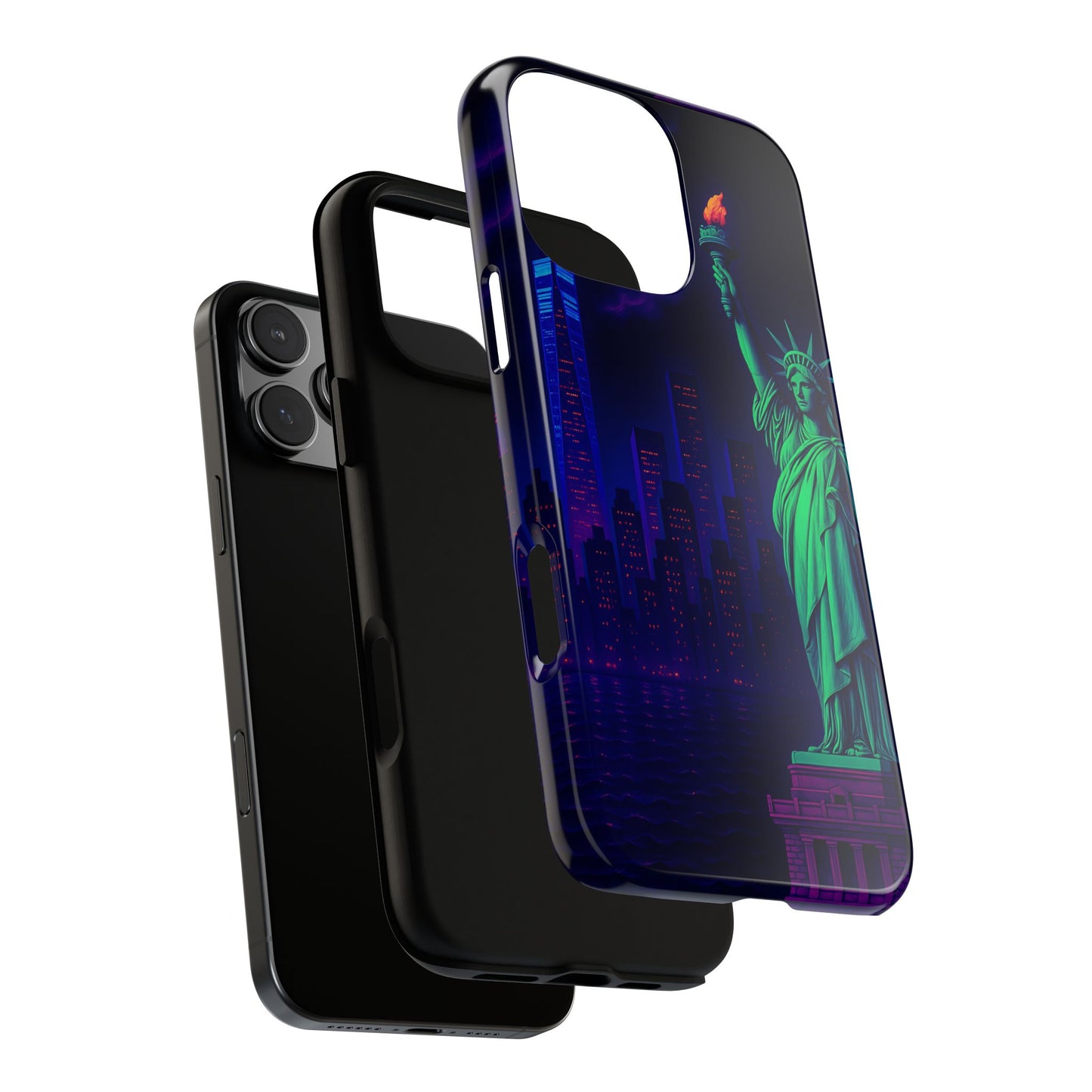 Cityscape Tough Phone Case, New York City Skyline Phone Cover, Neon Night Design Compatible with iPhone, Galaxy & Google