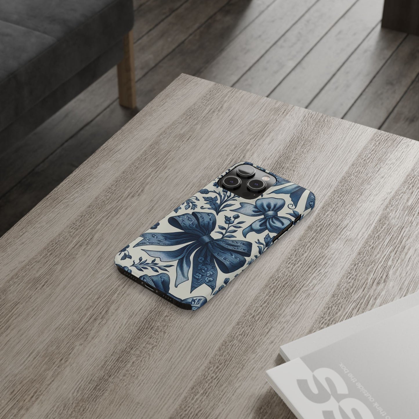 Elegant Floral Bow Slim Phone Case, Blue Flower Phone Cover, Gift for Her, Stylish Tech Accessory, Wedding Gift, Floral Design