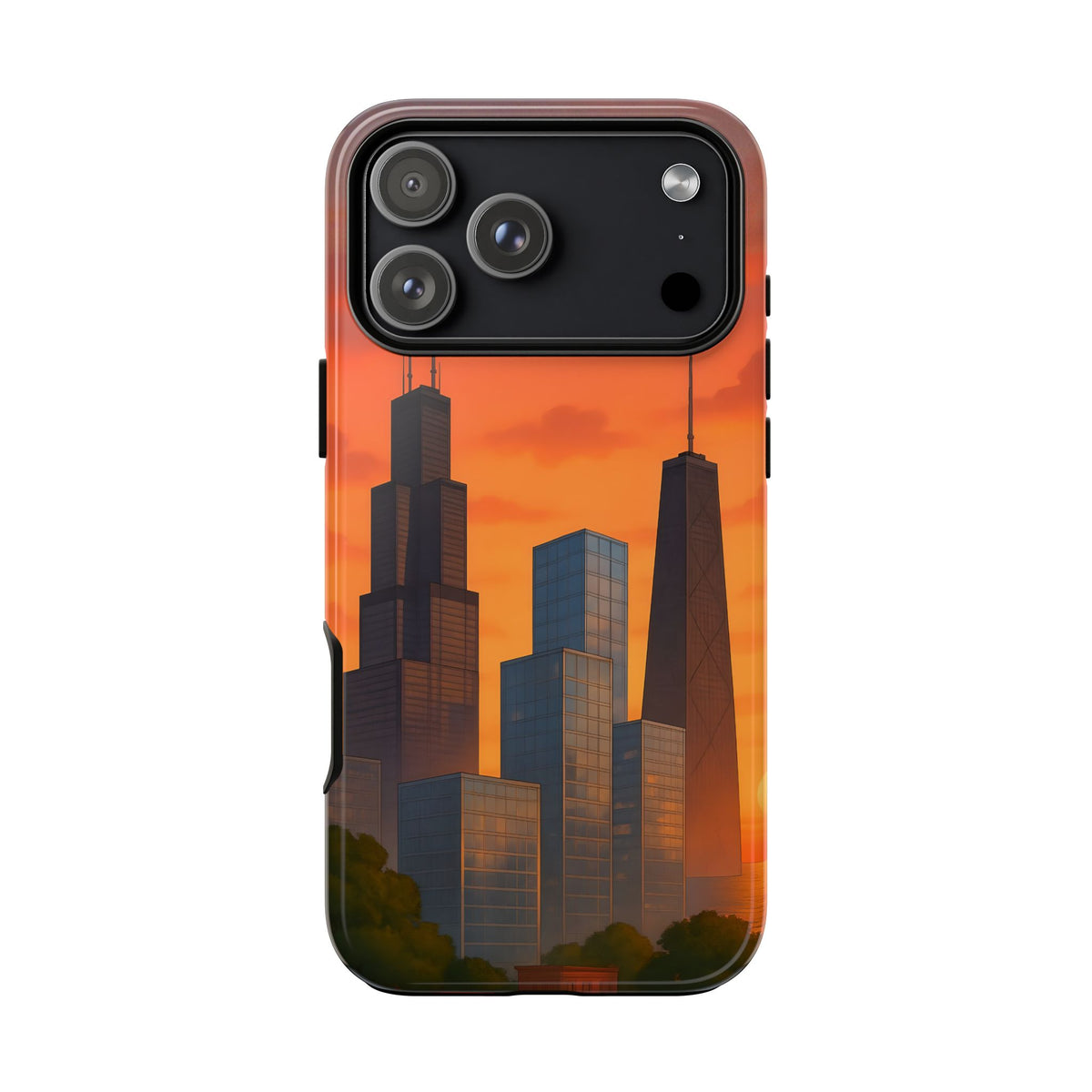 Cityscape Tough Phone Case, Chicago Skyline Phone Cover, Watercolor Design Compatible with iPhone, Galaxy & Google