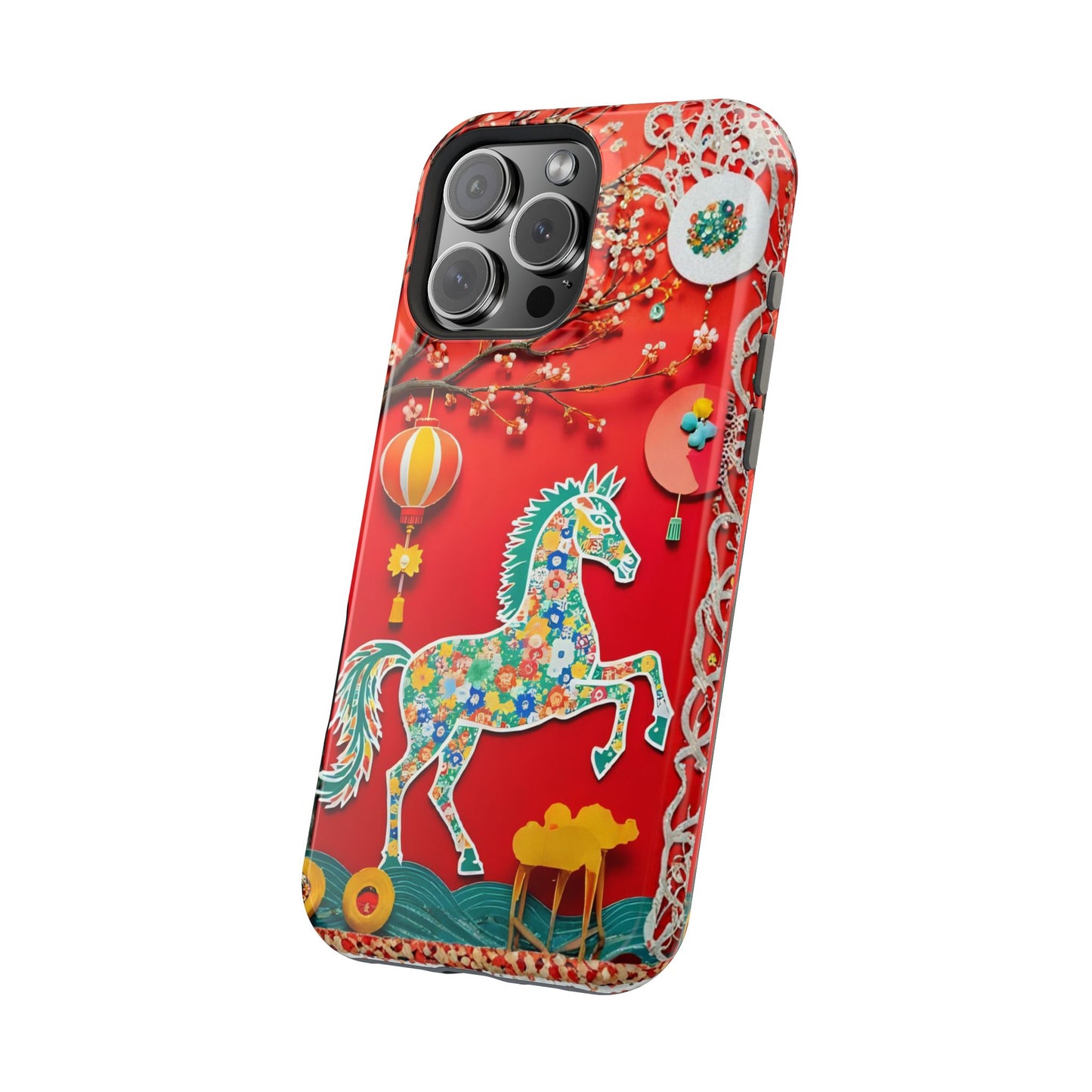 Year of the Horse Floral Art Magnetic Phone Case, Chinese Zodiac 2026 Design, compatible with iPhone 17 16 15 14 13
