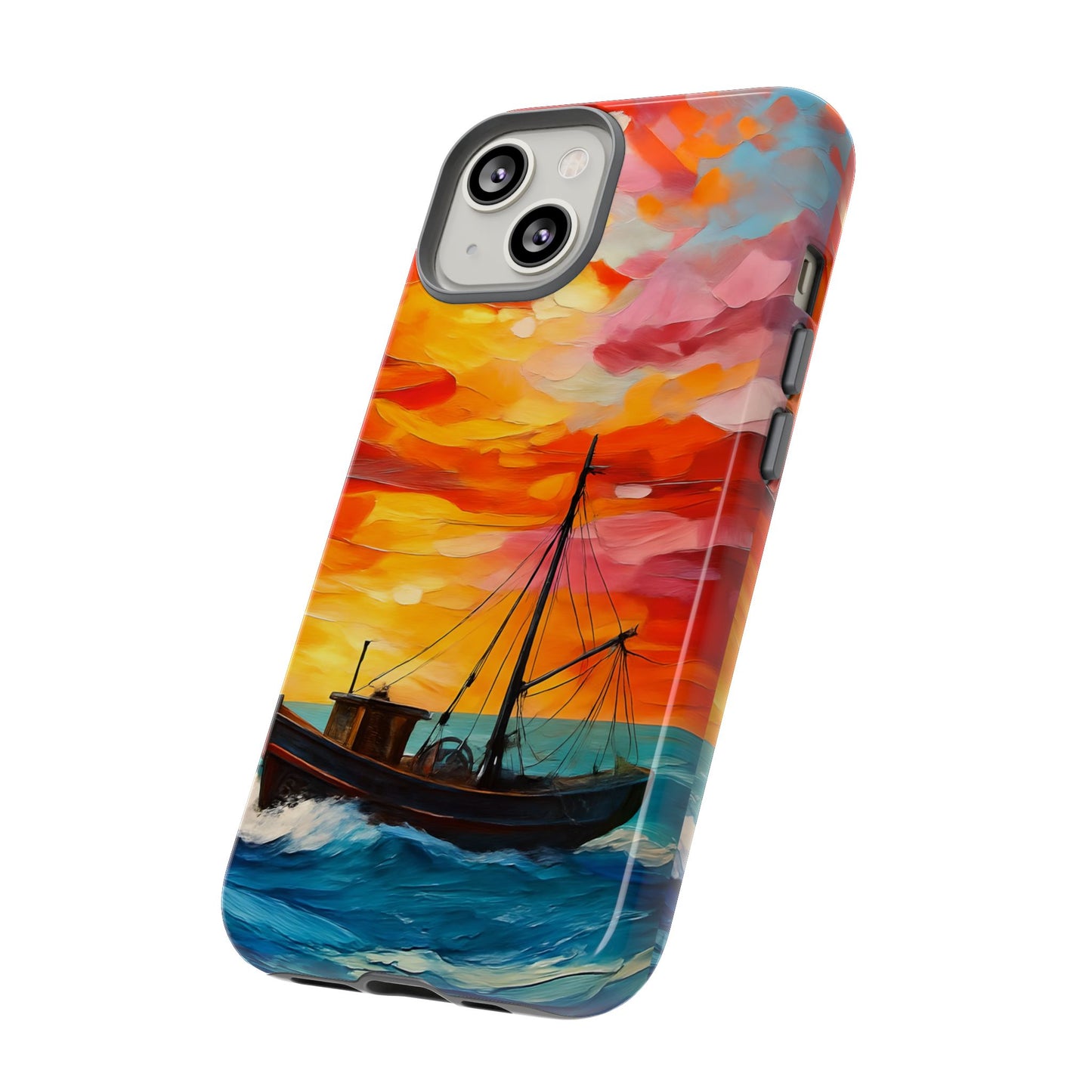 Ocean Art Scenery Tough Phone Case, Oil Painting Style Nautical Sunset Compatible with iPhone 17, 16, 15, 14, 13, Galaxy, Google