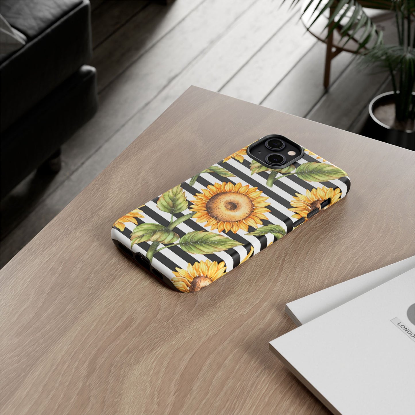 Sunflower Tough Phone Case - Bold Yellow Floral Art, Black and White Striped Aesthetic, Compatible with iPhone, Galaxy, and Google Phones