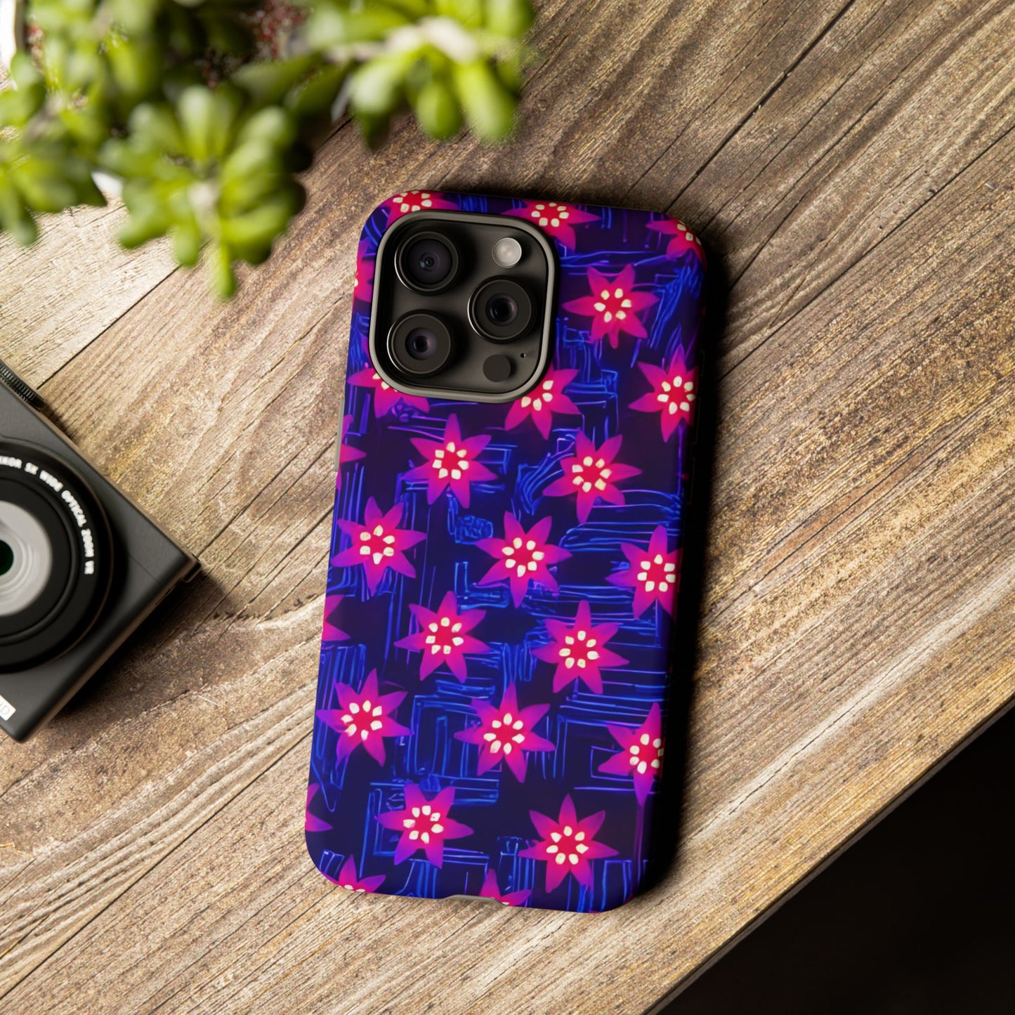 Neon Flower Tough Phone Case - Trippy Dark Floral Art, Electric Glow Aesthetic, Compatible with iPhone, Galaxy, and Google Phones