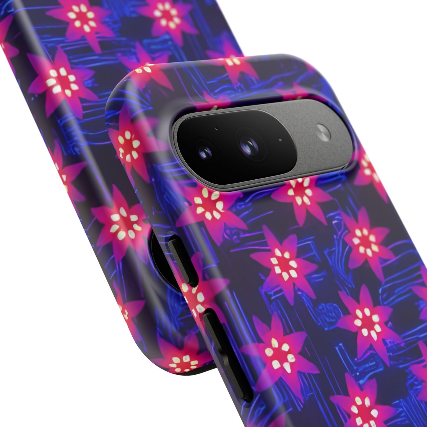 Neon Flower Tough Phone Case - Trippy Dark Floral Art, Electric Glow Aesthetic, Compatible with iPhone, Galaxy, and Google Phones