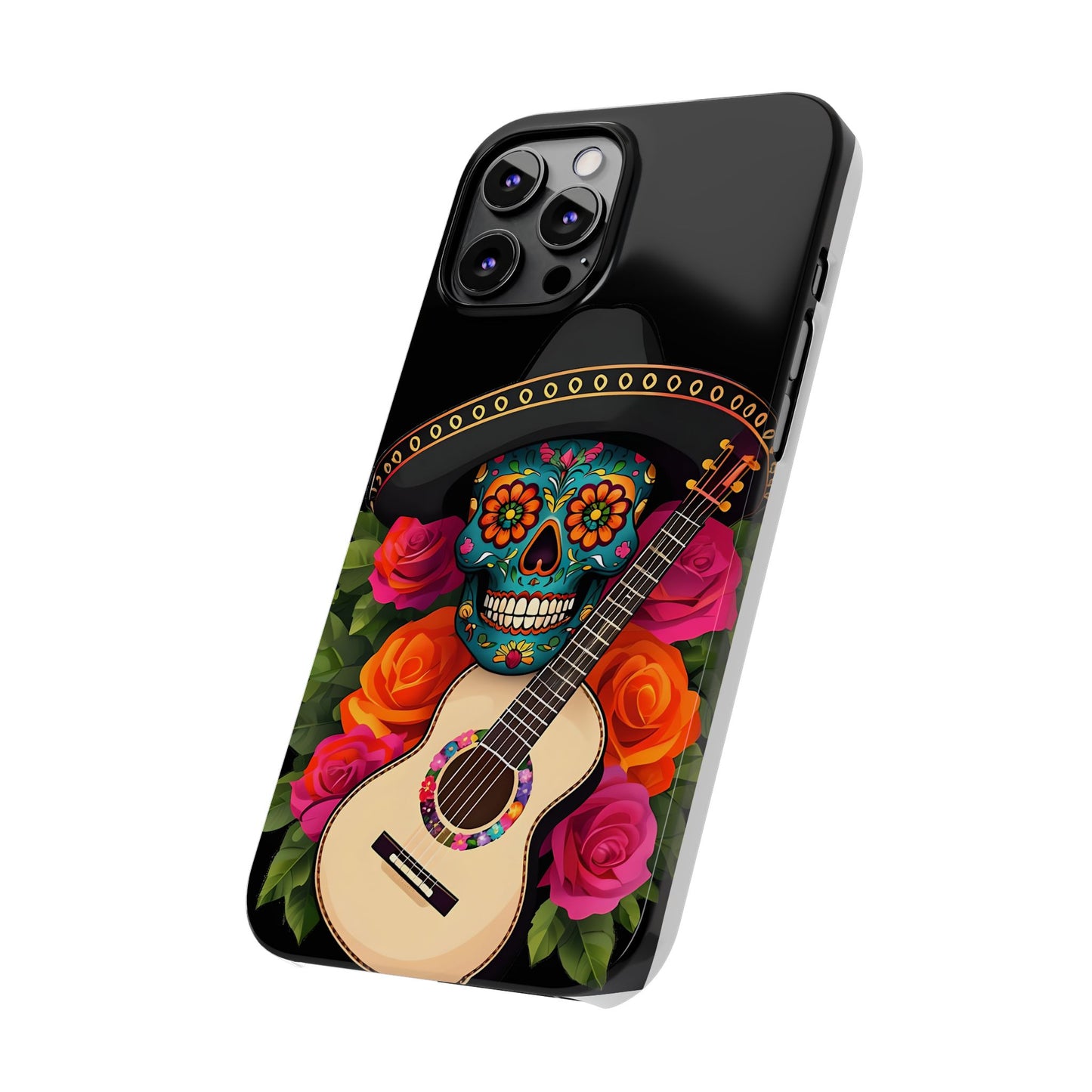 Mariachi Skull Slim Phone Case, Colorful Folk Aesthetic, Halloween Floral Skull Design, Gift for Mexican Culture Lovers