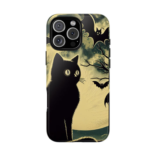 Black Cat Phone Case, Bats Full Moon Vintage Halloween Design, compatible with iPhone, Galaxy, Pixel Gothic Aesthetic Spooky Witchcore Gift