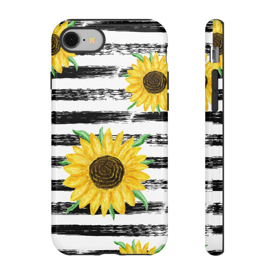 Sunflower Tough Phone Case - Bright Yellow Floral Art, Black and White Striped Aesthetic, Compatible with iPhone, Galaxy, and Google Phones