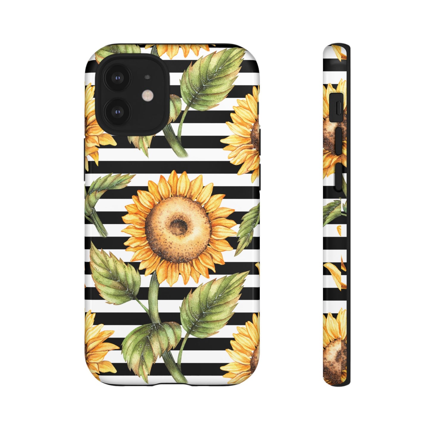 Sunflower Tough Phone Case - Bold Yellow Floral Art, Black and White Striped Aesthetic, Compatible with iPhone, Galaxy, and Google Phones