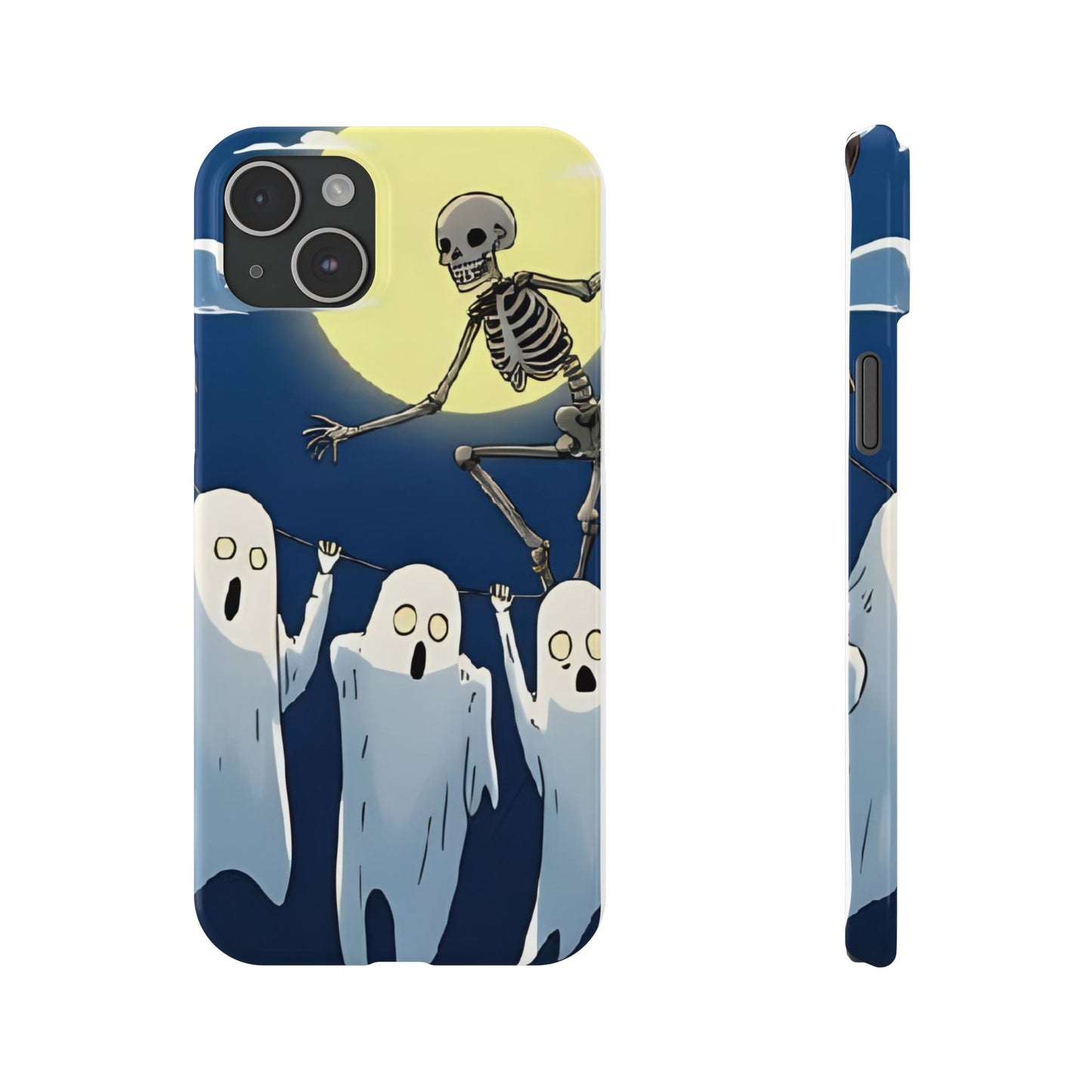 Jumping Skeleton Slim Phone Case - Halloween Aesthetic, Creepy Cute Ghost Cartoon Style, Compatible with iPhone, Galaxy, and Google Phones