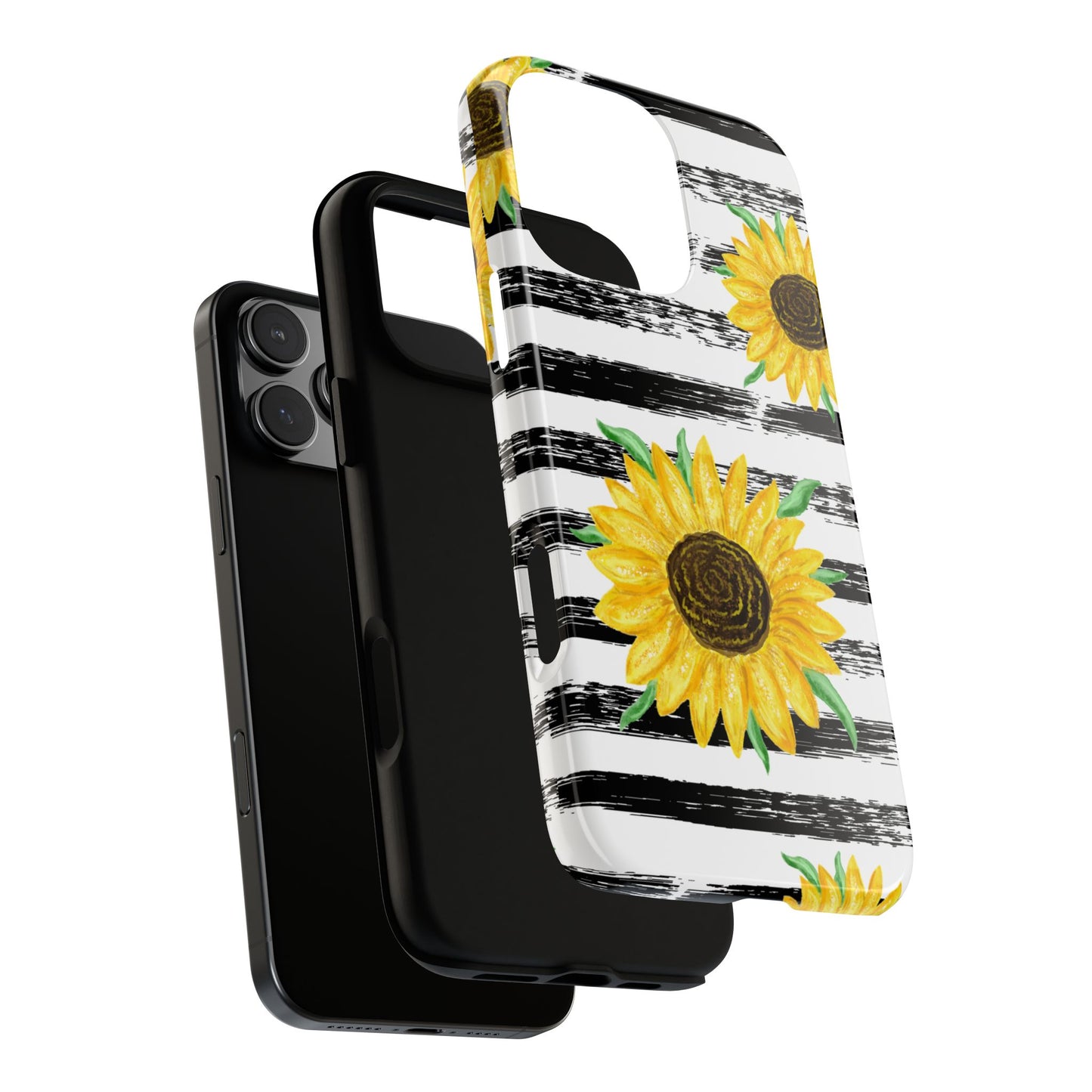 Sunflower Tough Phone Case - Bright Yellow Floral Art, Black and White Striped Aesthetic, Compatible with iPhone, Galaxy, and Google Phones