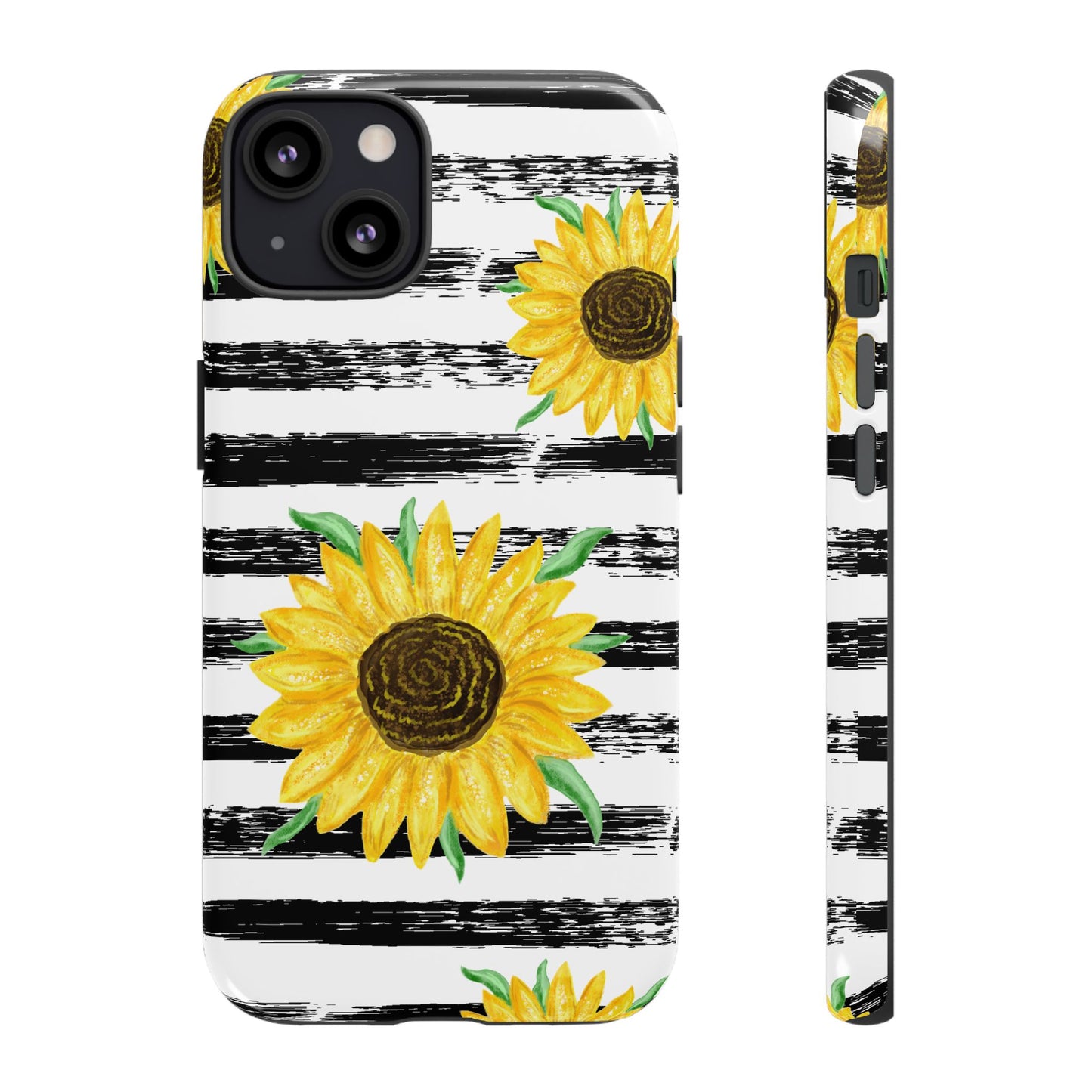 Sunflower Tough Phone Case - Bright Yellow Floral Art, Black and White Striped Aesthetic, Compatible with iPhone, Galaxy, and Google Phones