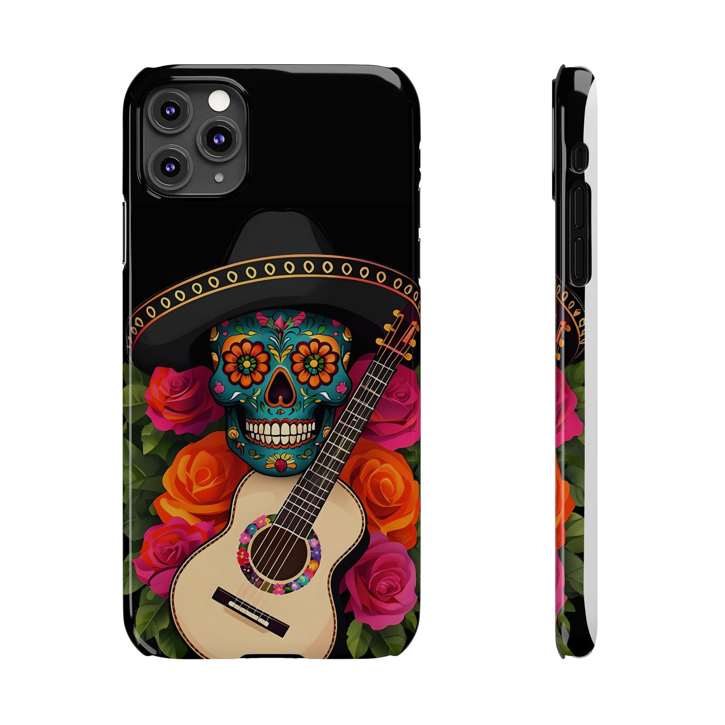 Mariachi Skull Slim Phone Case, Colorful Folk Aesthetic, Halloween Floral Skull Design, Gift for Mexican Culture Lovers