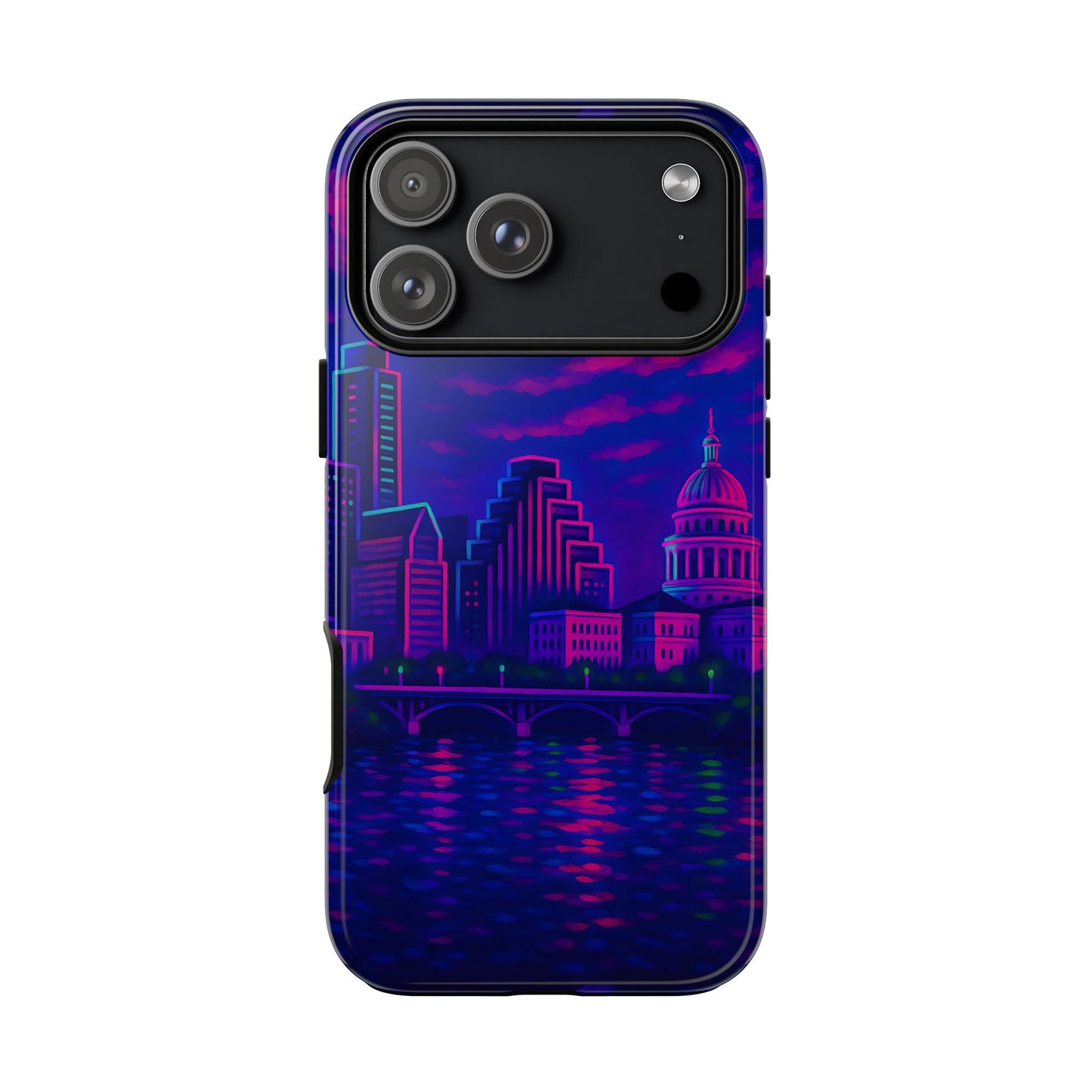 Cityscape Tough Phone Case, Austin Texas Skyline Phone Cover, Neon Night Design Compatible with iPhone, Galaxy & Google