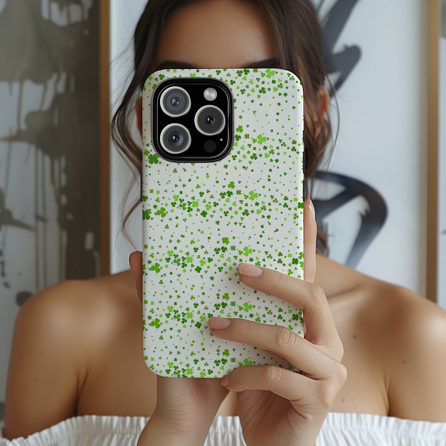 Shamrock Tough Phone Case, Minimal St Patricks Day Clover Pattern, Irish Green Aesthetic Cover for iPhone Galaxy Google