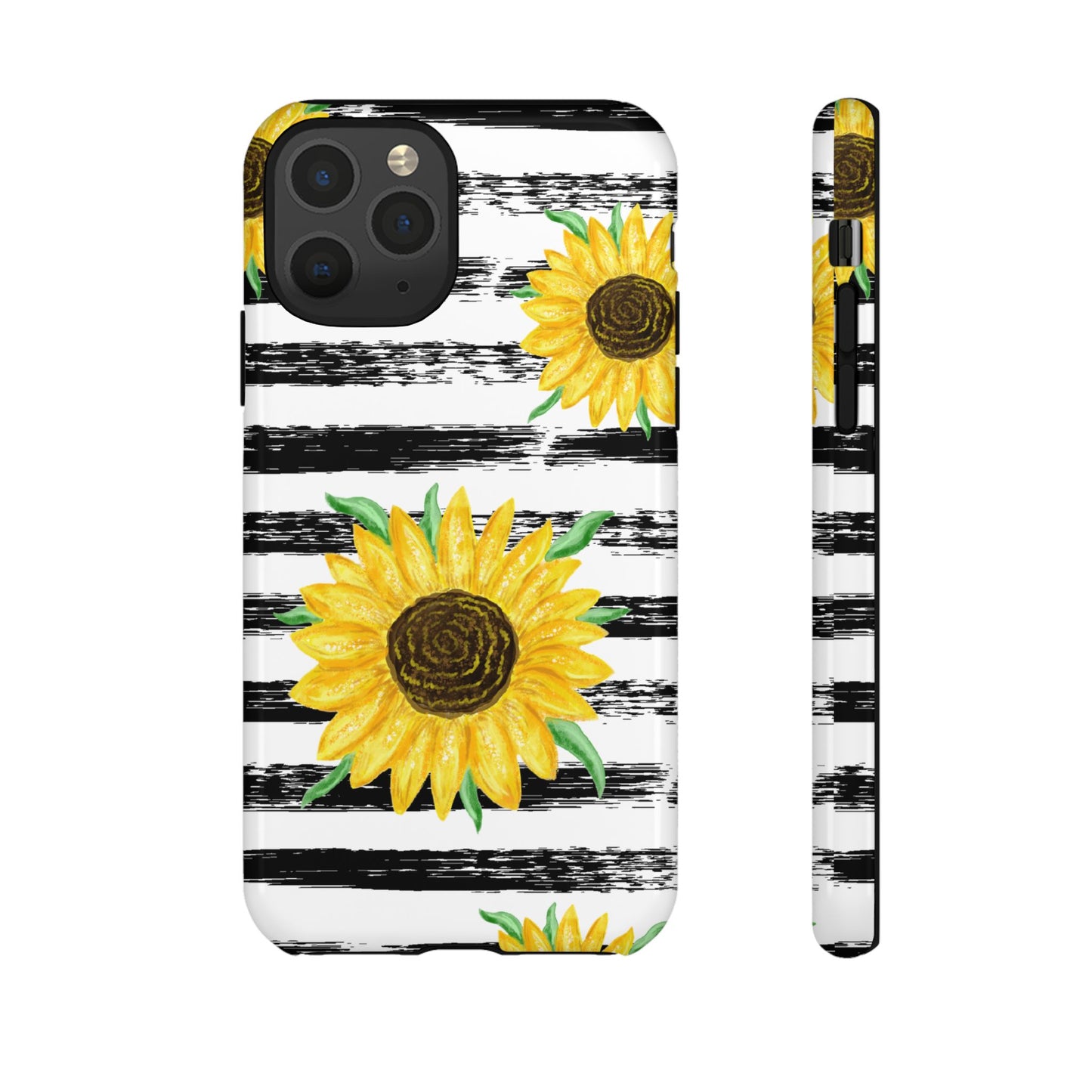 Sunflower Tough Phone Case - Bright Yellow Floral Art, Black and White Striped Aesthetic, Compatible with iPhone, Galaxy, and Google Phones