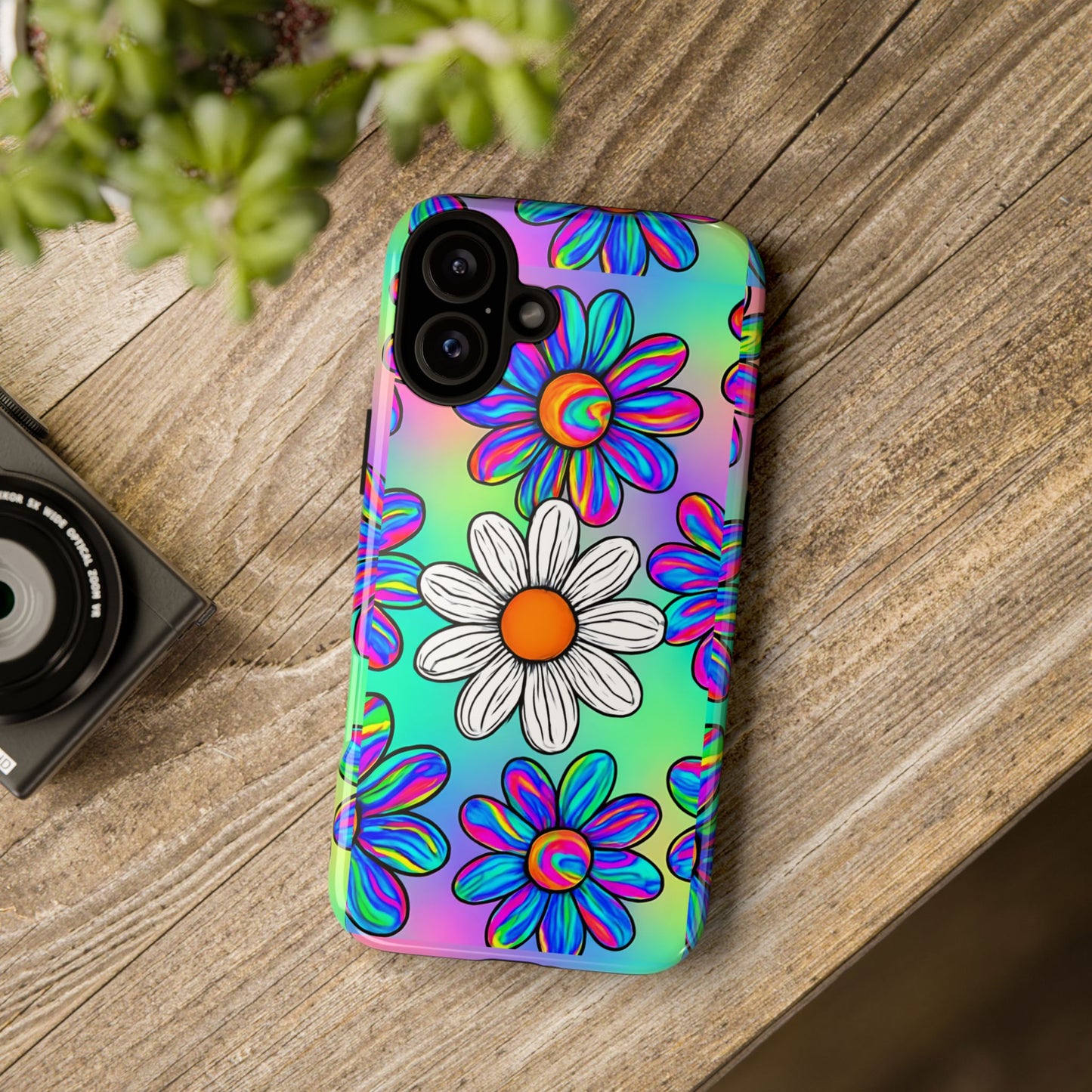 Trippy Daisy Tough Phone Case - Psychedelic Floral Design, Colorful Retro Aesthetic, Compatible with iPhone, Galaxy, and Google Phones