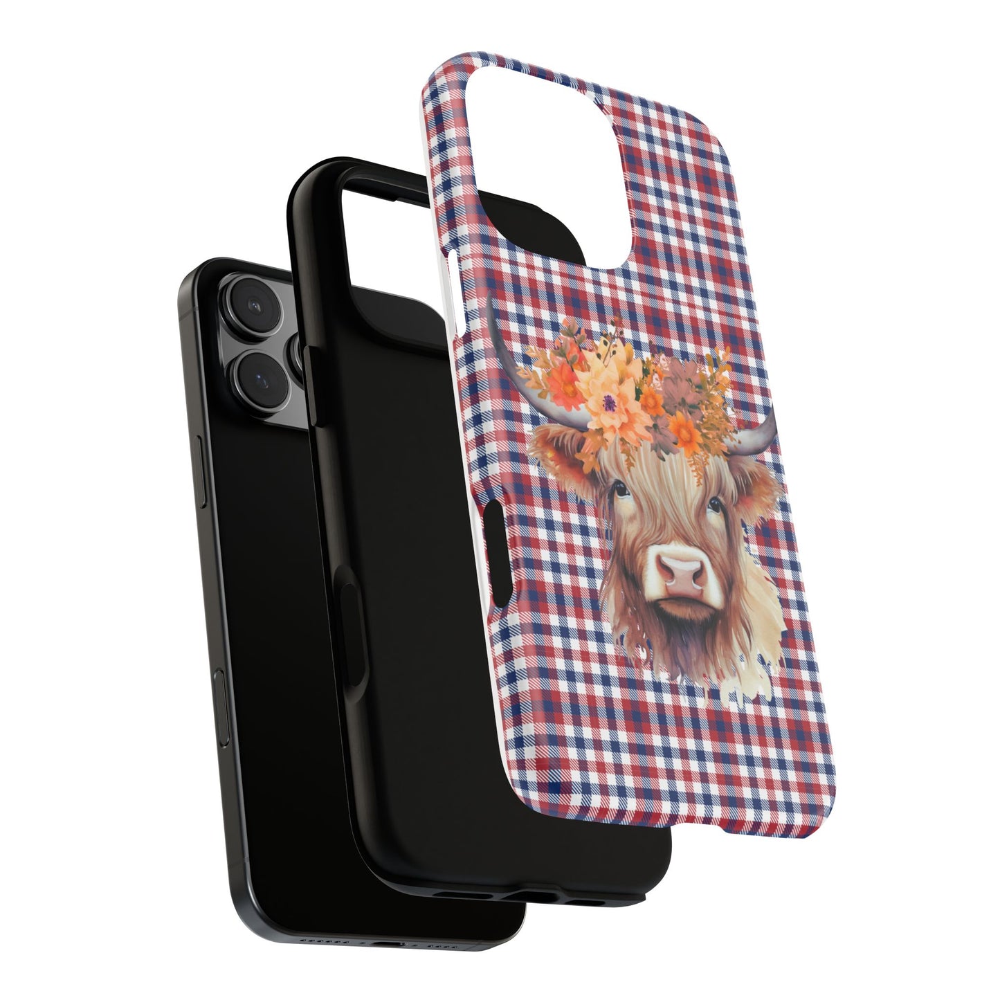 Floral Highland Cow Phone Case, Red White Blue Plaid | Rustic Western Boho Farmhouse | iPhone, Google, Galaxy Compatible