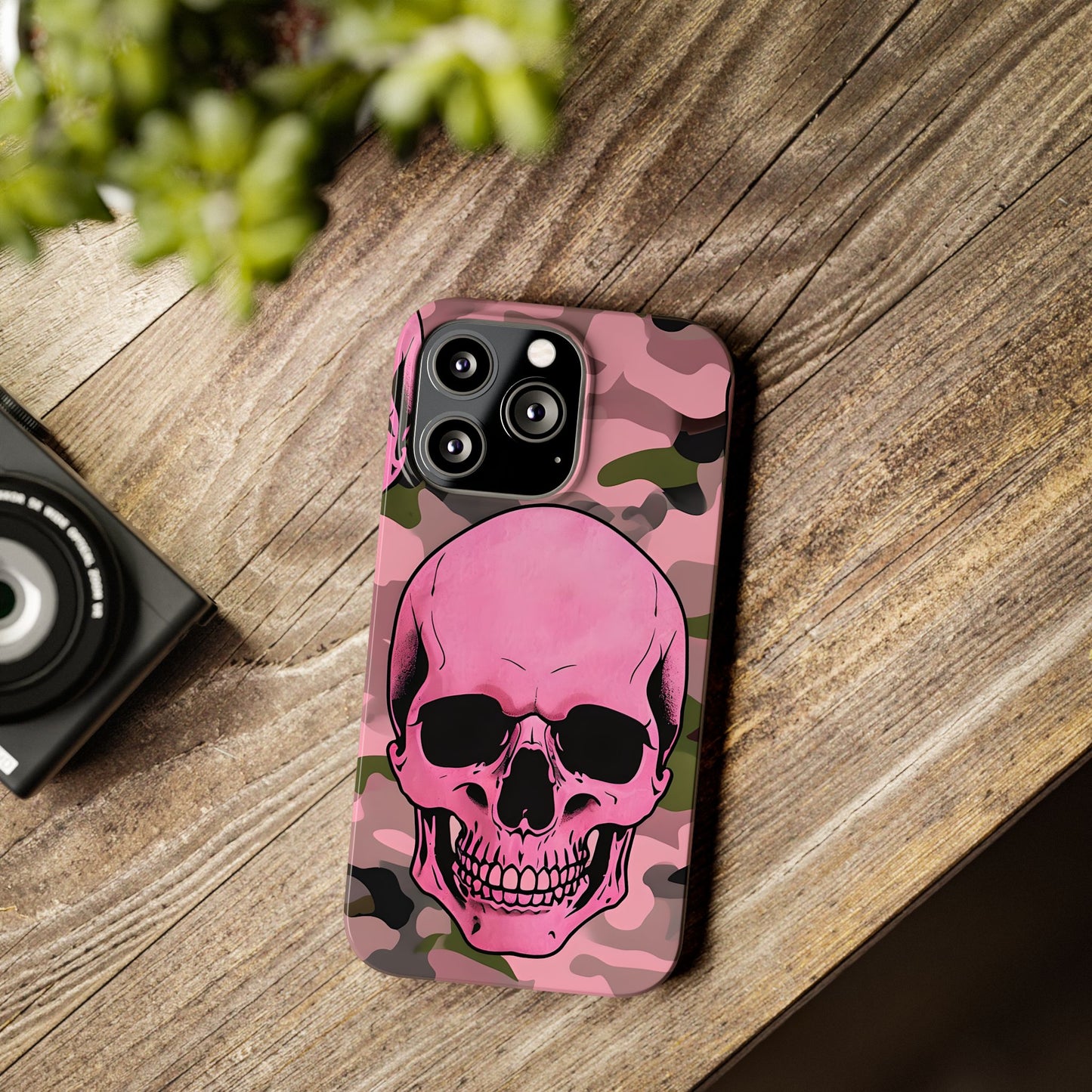 Pink Camo Skull Phone Case, Slim Case for iPhone, Edgy Phone Accessory, Unique Gift for Her, Trendy Tech Lover