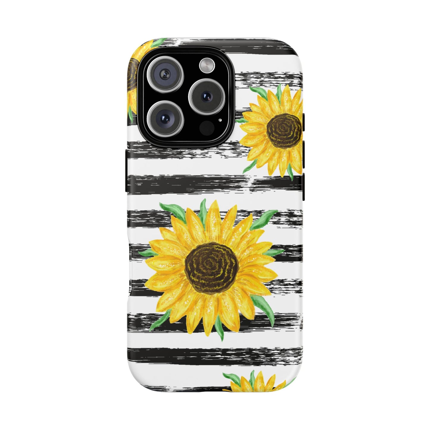 Sunflower Tough Phone Case - Bright Yellow Floral Art, Black and White Striped Aesthetic, Compatible with iPhone, Galaxy, and Google Phones