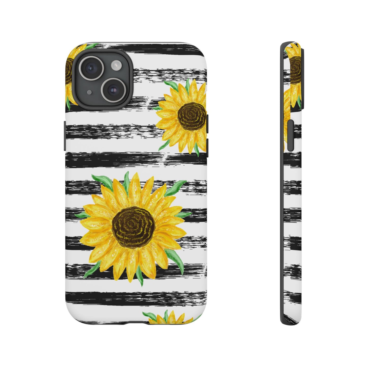 Sunflower Tough Phone Case - Bright Yellow Floral Art, Black and White Striped Aesthetic, Compatible with iPhone, Galaxy, and Google Phones