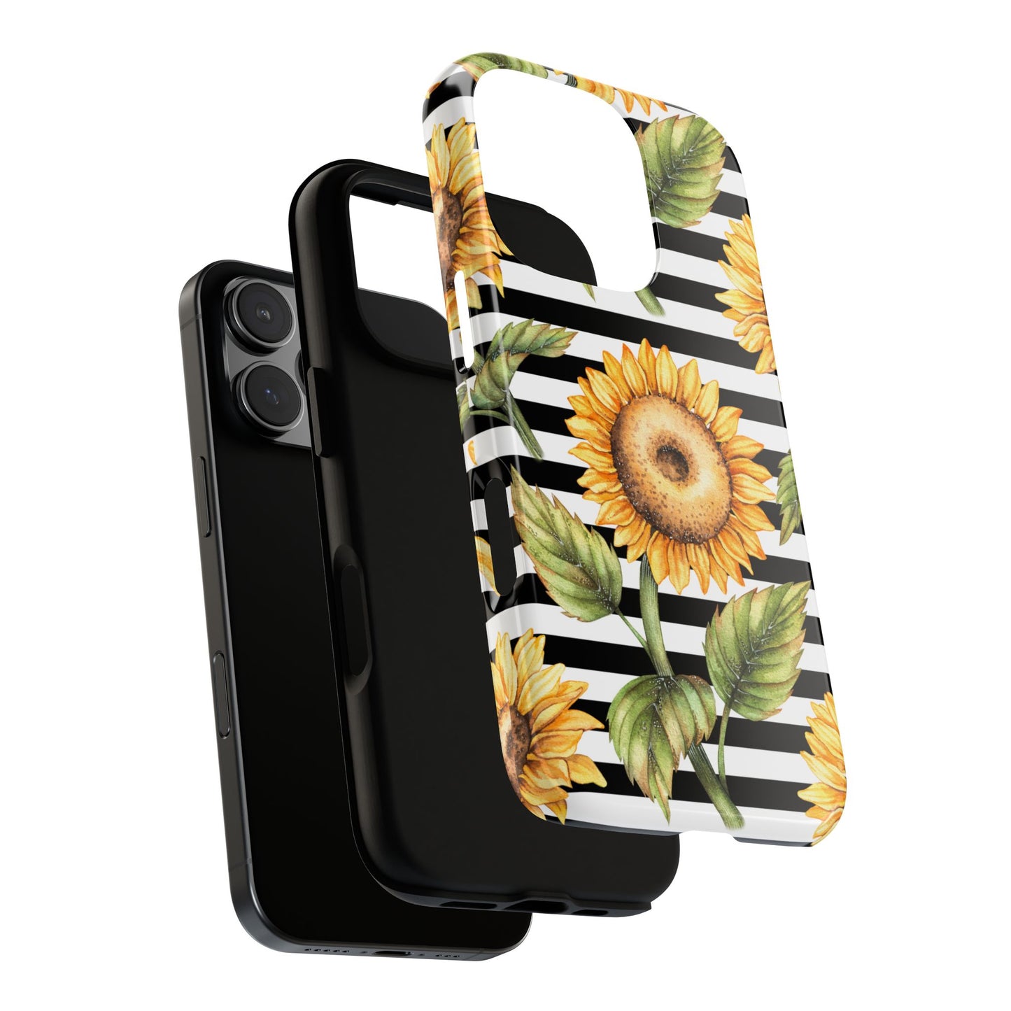 Sunflower Tough Phone Case - Bold Yellow Floral Art, Black and White Striped Aesthetic, Compatible with iPhone, Galaxy, and Google Phones