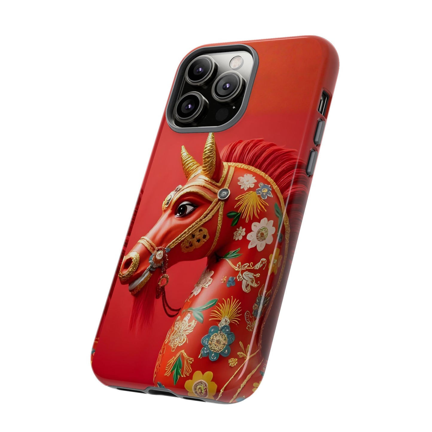 Year of the Horse Floral Art Tough Phone Case, Chinese Zodiac 2026 Design, compatible with iPhone 17 16 15 14 13 Galaxy Google