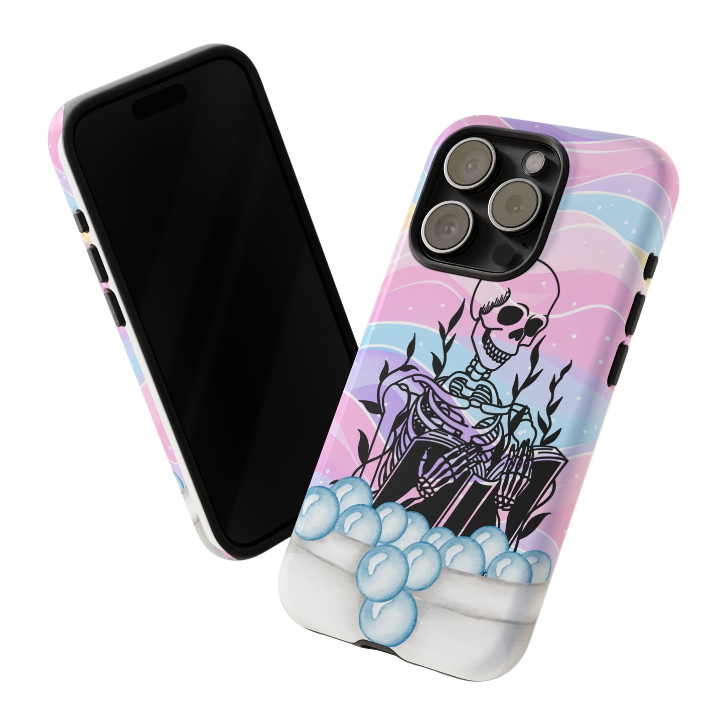 Summerween Pastel Skeleton Phone Case, Goth Bathtime Book Lover Phone Cover, Cute Halloween Bubble Bath Case, Spooky Cute Coquette Aesthetic