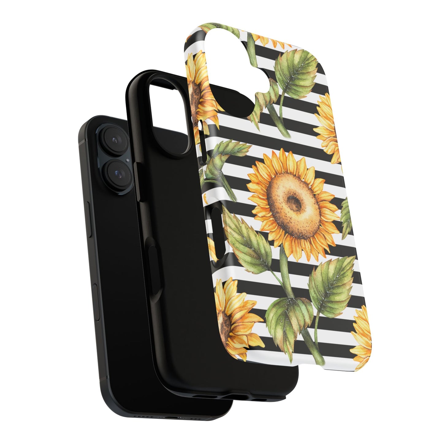 Sunflower Tough Phone Case - Bold Yellow Floral Art, Black and White Striped Aesthetic, Compatible with iPhone, Galaxy, and Google Phones
