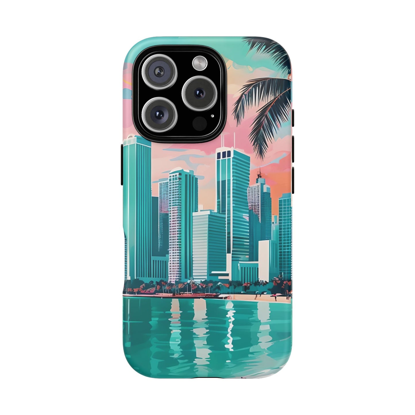 Miami Cityscape Phone Case - Tropical Skyline Tough Case, Sunset Beach Urban Art, Gift for Travelers Compatible with iPhone, Galaxy, Google