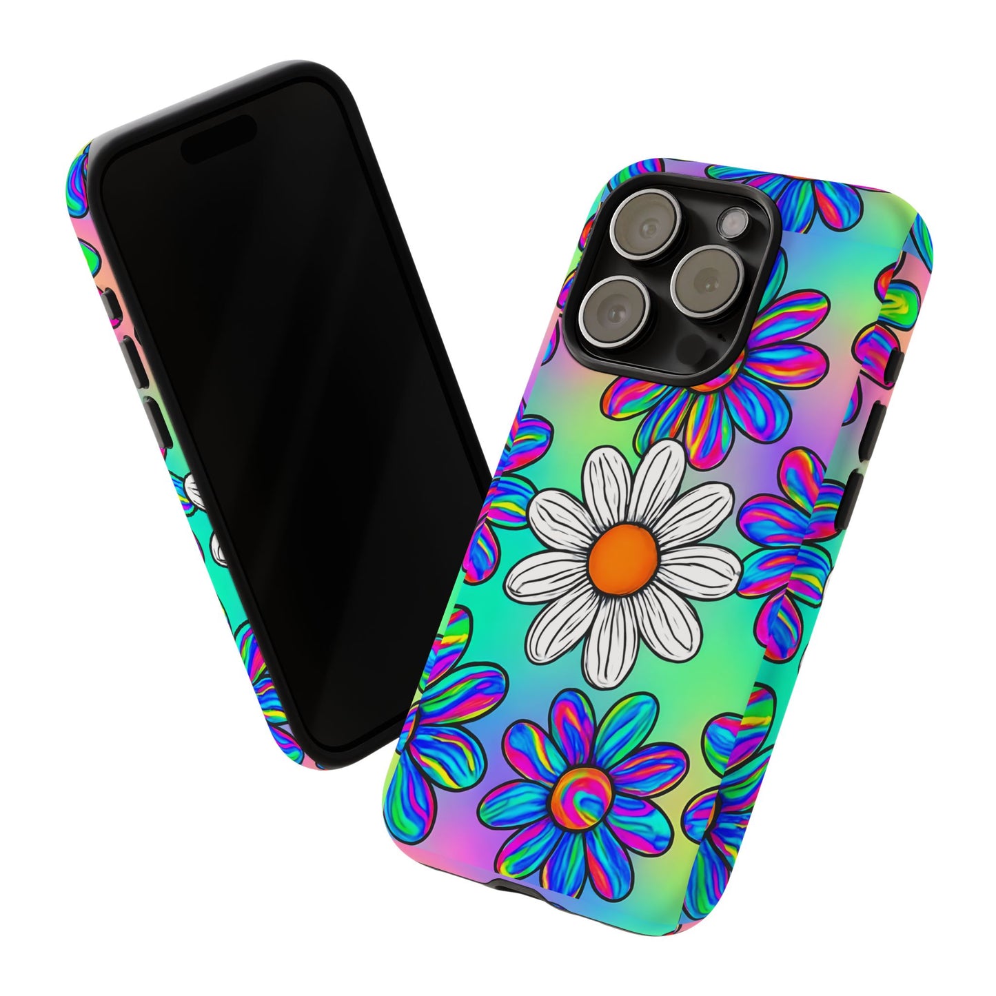 Trippy Daisy Tough Phone Case - Psychedelic Floral Design, Colorful Retro Aesthetic, Compatible with iPhone, Galaxy, and Google Phones
