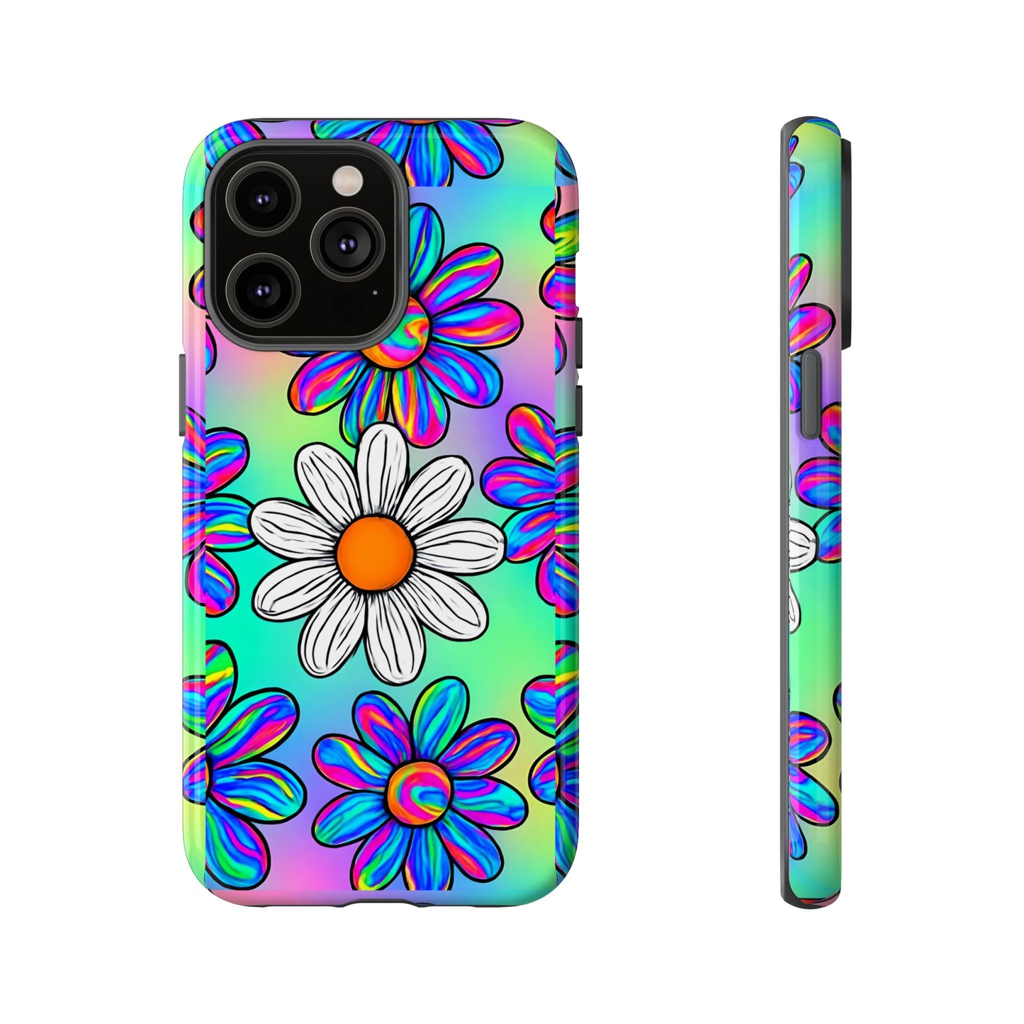 Trippy Daisy Tough Phone Case - Psychedelic Floral Design, Colorful Retro Aesthetic, Compatible with iPhone, Galaxy, and Google Phones