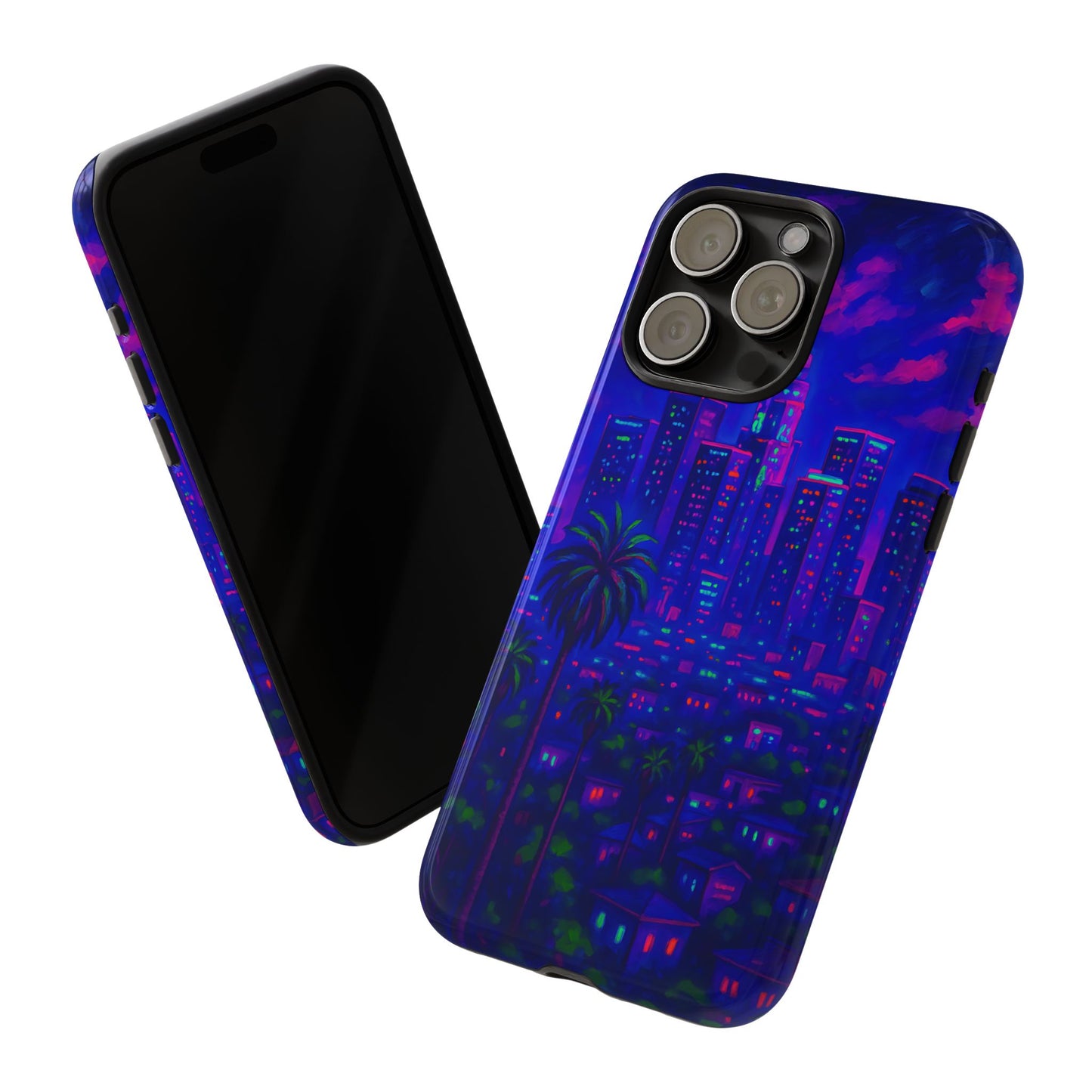 Los Angeles Cityscape Tough Phone Case - Neon Night Skyline, Sunset Urban Art, California Aesthetic, Compatible with iPhone, Galaxy, Google