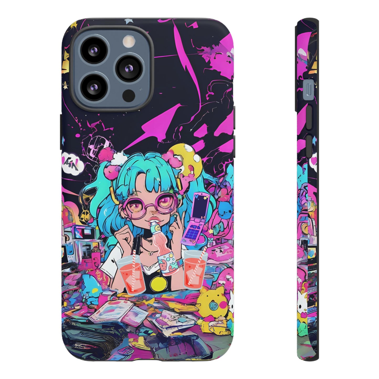 Y2K Anime Girl Tough Phone Case - Kawaii Vaporwave Style, Cute Maximalist Aesthetic, Compatible with iPhone, Galaxy, and Google Phones