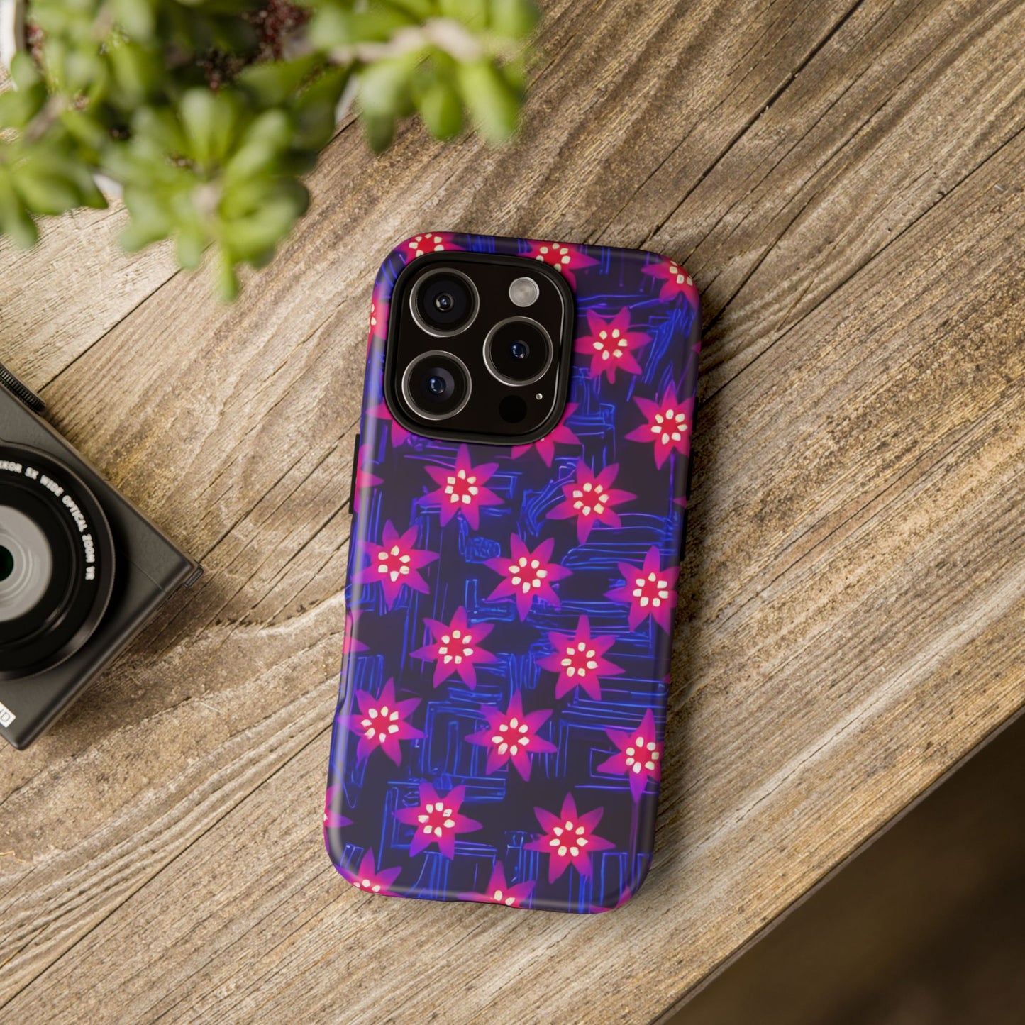 Neon Flower Tough Phone Case - Trippy Dark Floral Art, Electric Glow Aesthetic, Compatible with iPhone, Galaxy, and Google Phones