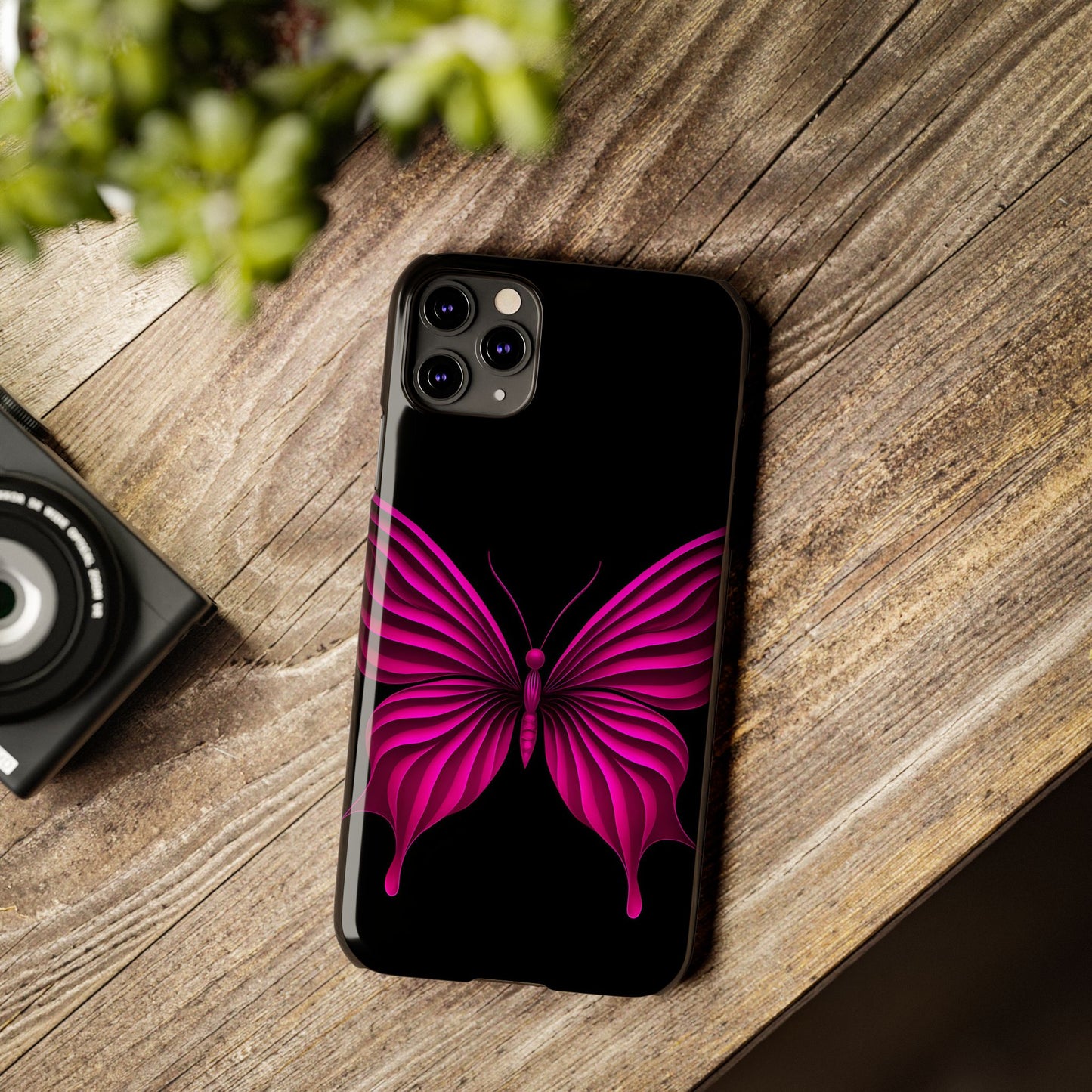 Pink Butterfly Phone Case, Elegant Insect Art, Black Aesthetic Slim Phone Case Compatible with iPhone, Galaxy, Google