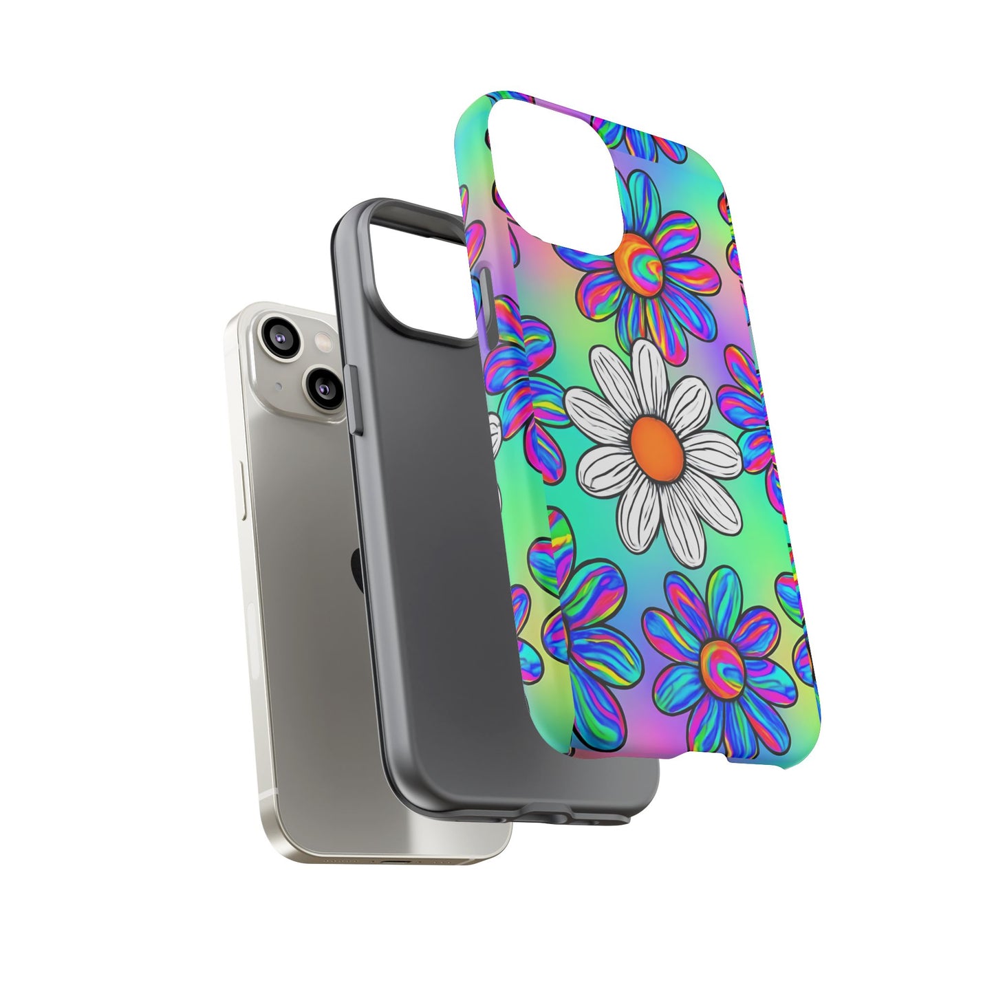 Trippy Daisy Tough Phone Case - Psychedelic Floral Design, Colorful Retro Aesthetic, Compatible with iPhone, Galaxy, and Google Phones