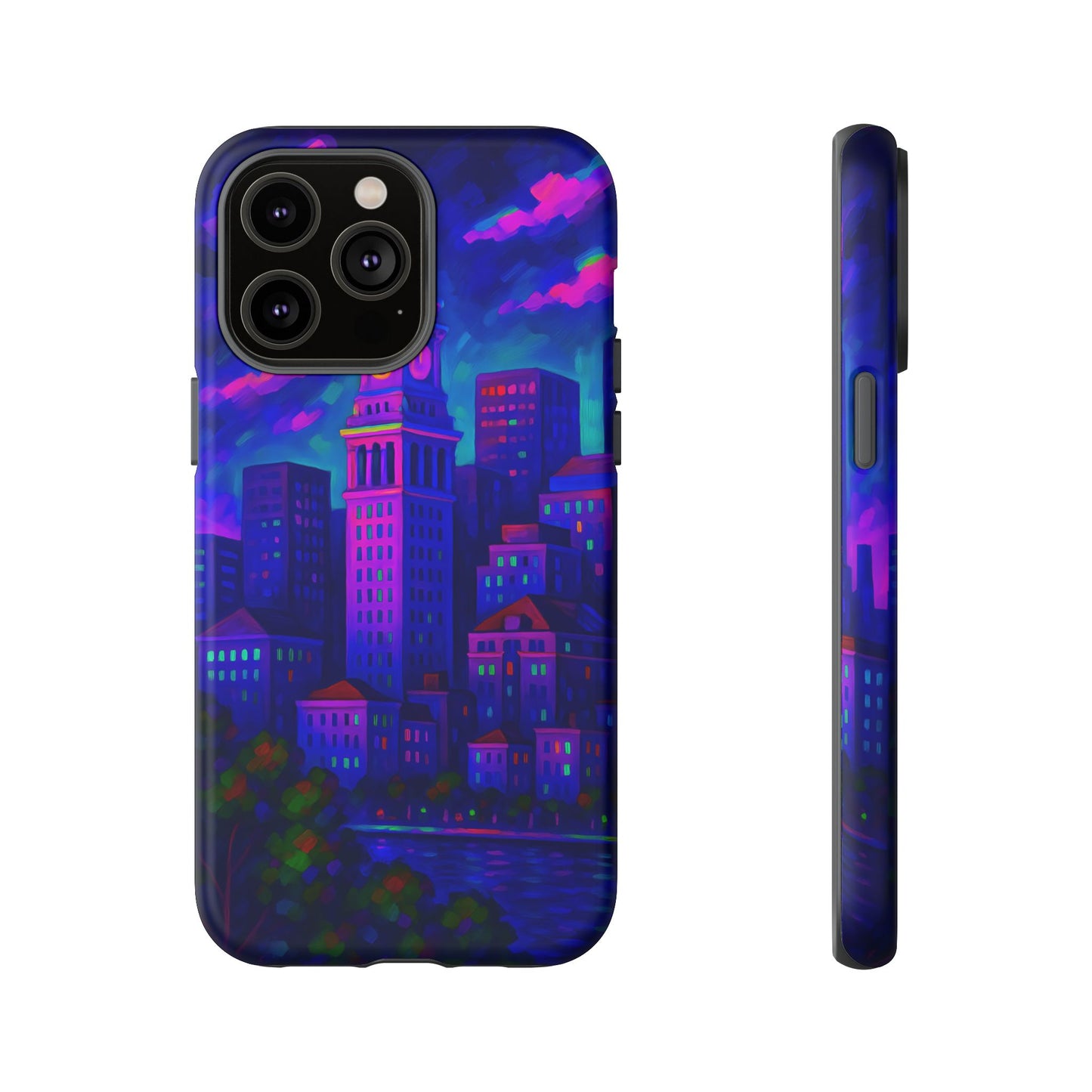 Boston Cityscape Tough Phone Case, Neon Night Skyline, Sunset Tower View Watercolor Urban Art, Compatible with iPhone, Galaxy, Google Phones