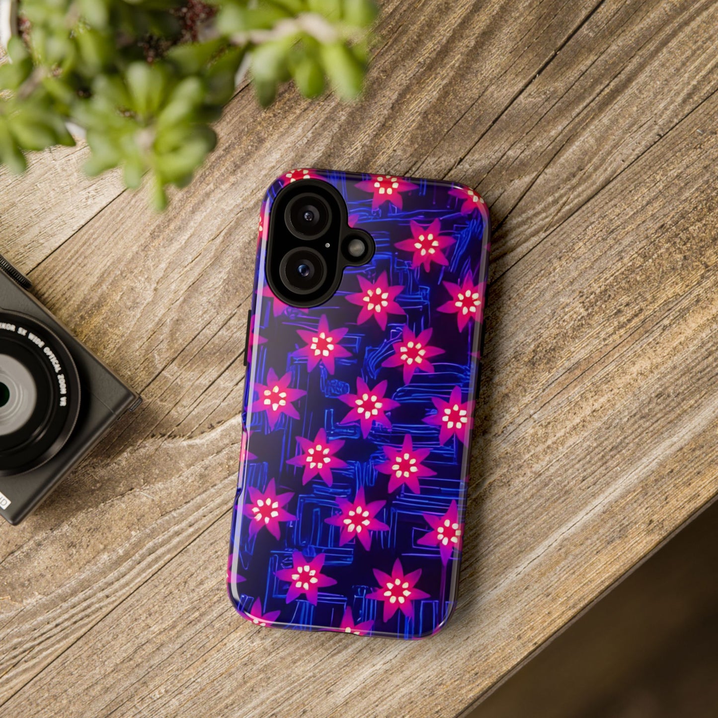 Neon Flower Tough Phone Case - Trippy Dark Floral Art, Electric Glow Aesthetic, Compatible with iPhone, Galaxy, and Google Phones